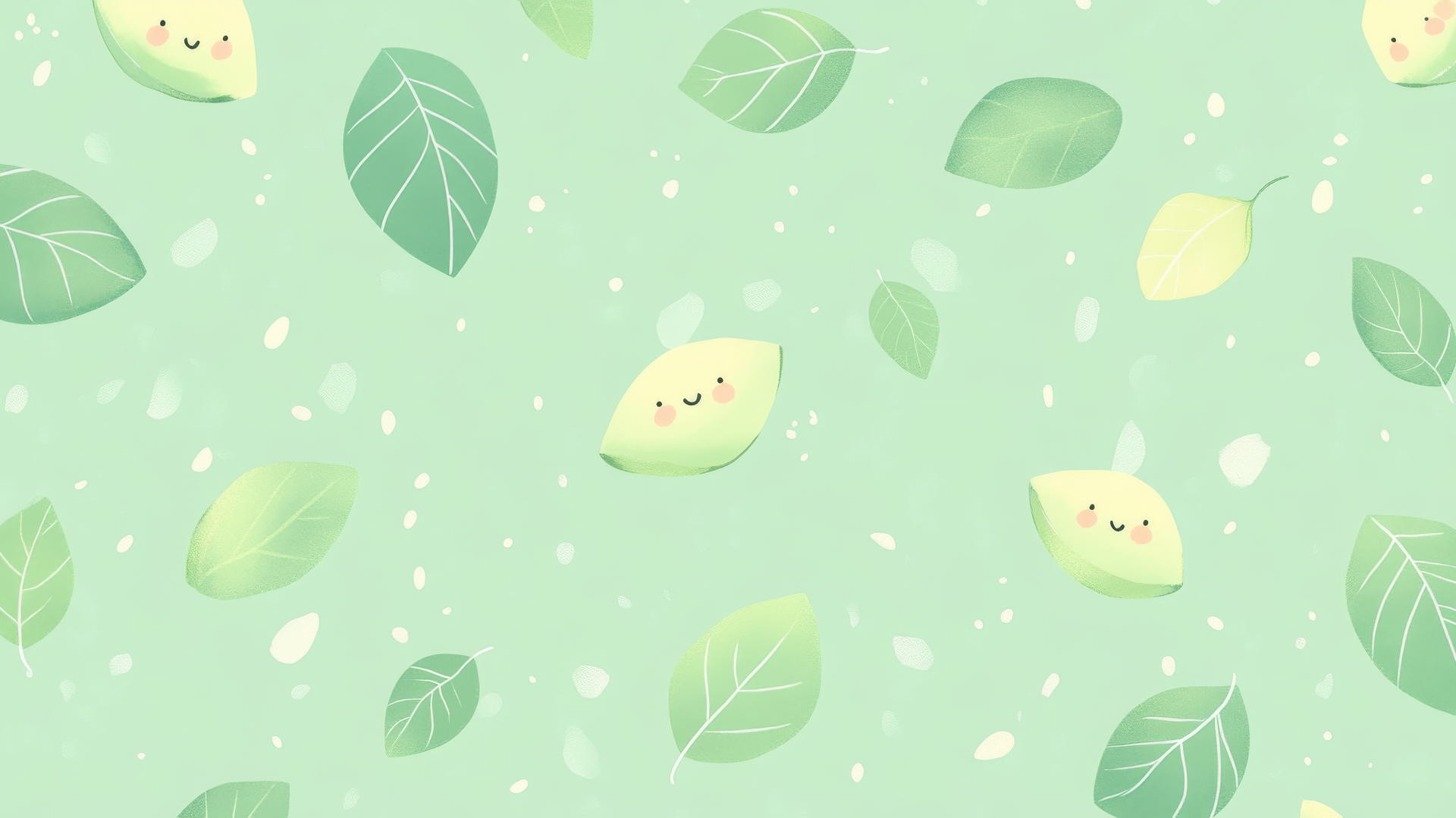 Cute green wallpaper with tiny smiling leaves and blushing cheeks on pastel green