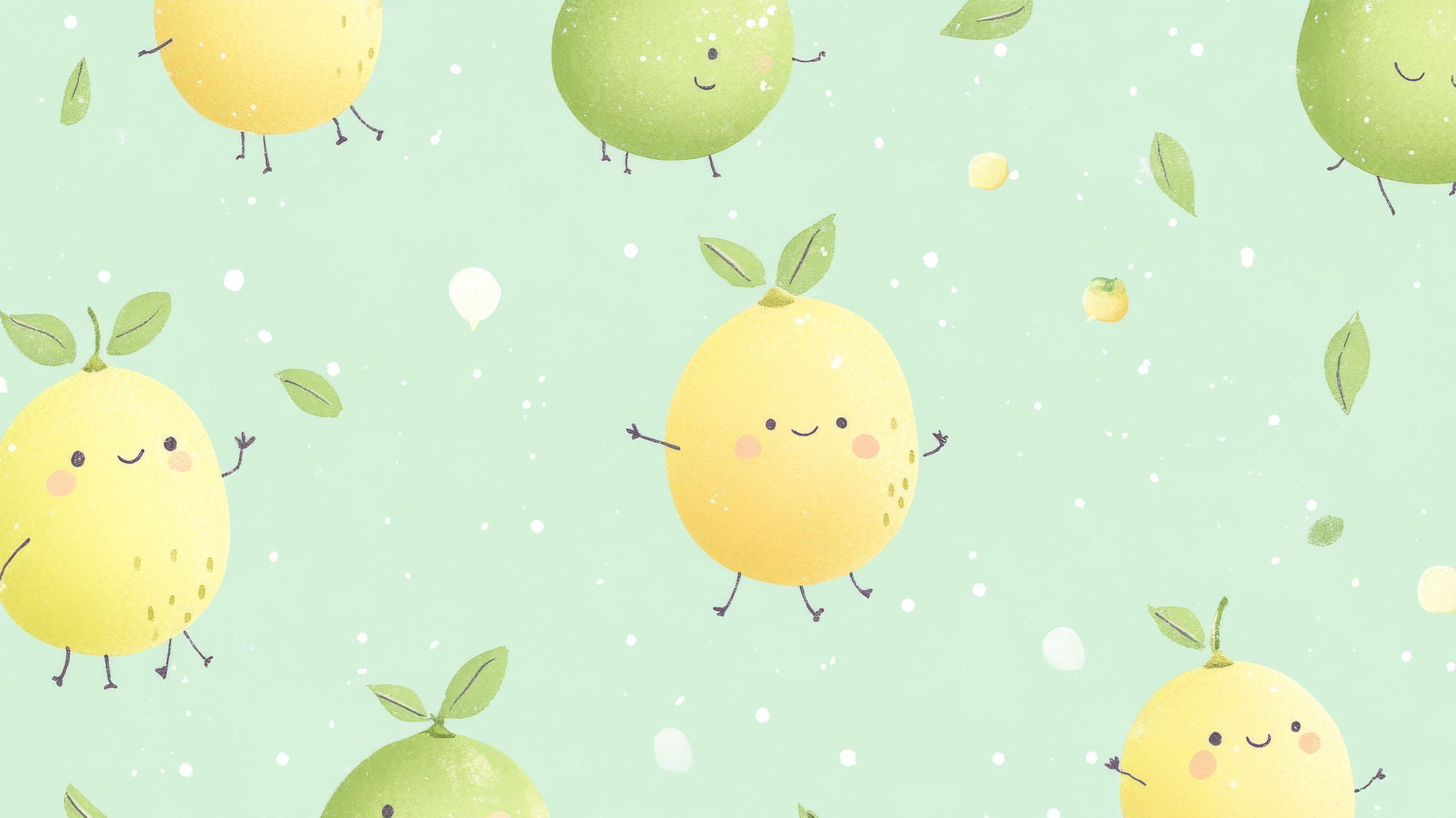 cute green wallpaper with smiling citrus fruits and tiny limbs