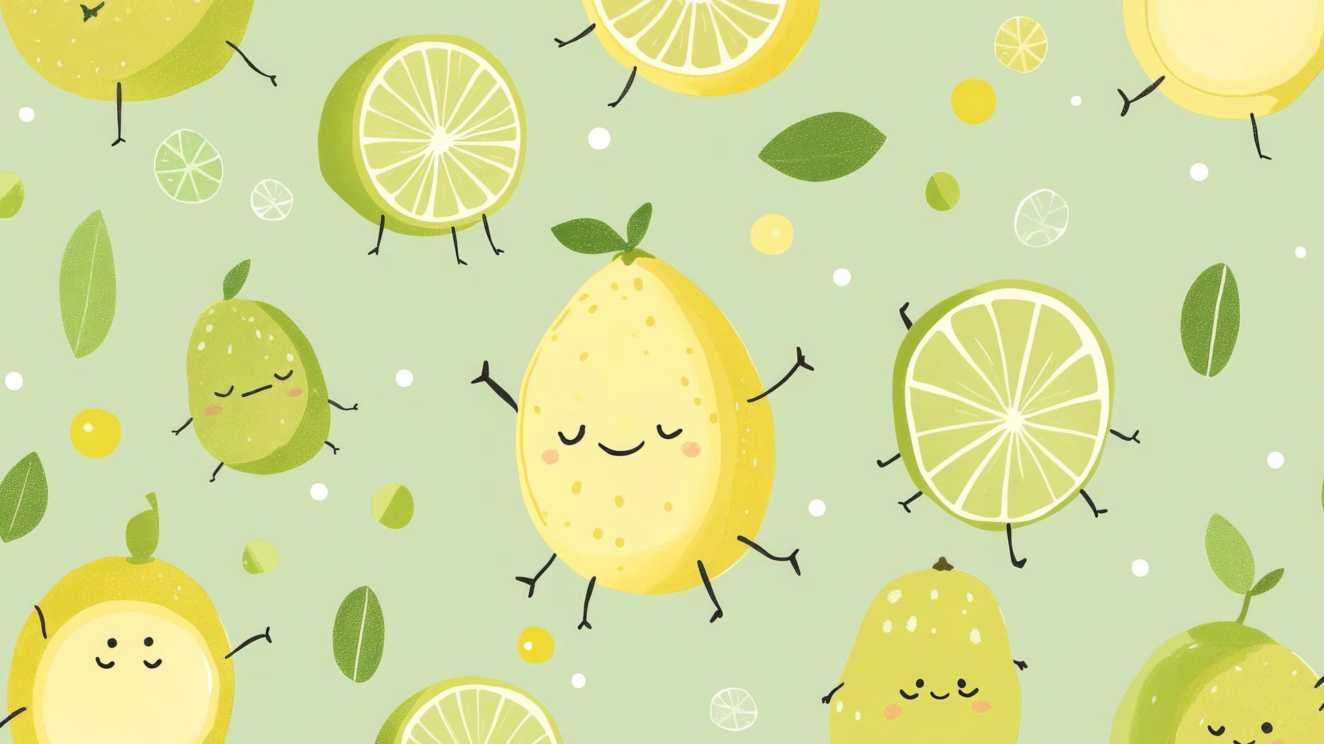 Cute green wallpaper with smiling citrus fruits