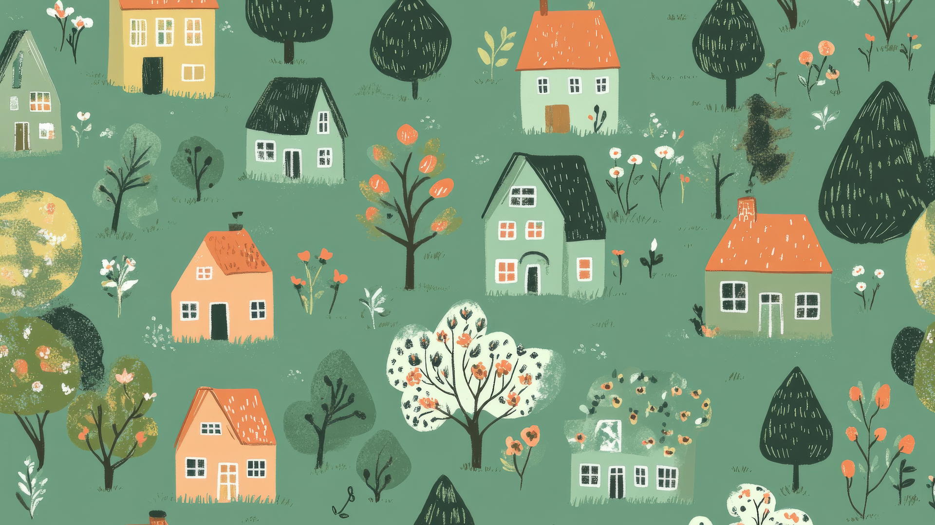 cute green wallpaper with cartoon houses, tiny trees, and flowers