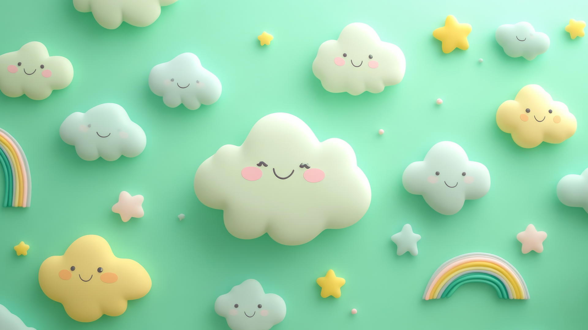 cute green wallpaper with smiling clouds and rainbows