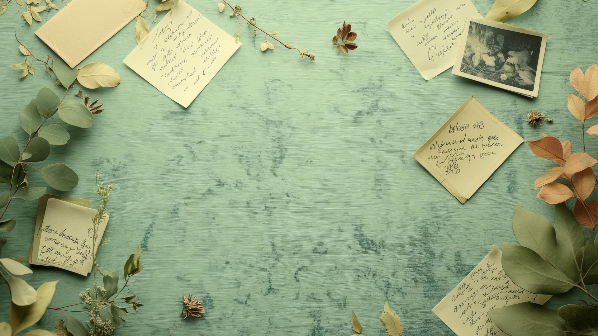 aesthetic green wallpaper with polaroid photos, handwritten notes, and pressed leaves on soft green background