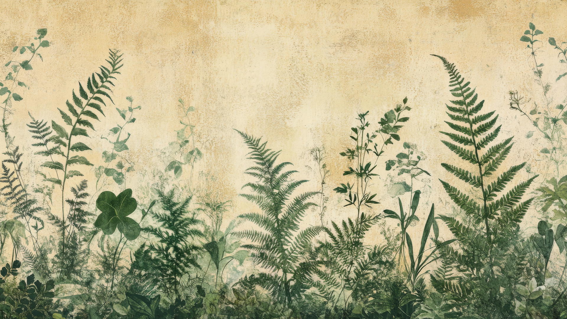 aesthetic green wallpaper with vintage botanical illustrations of ferns and herbs on aged paper