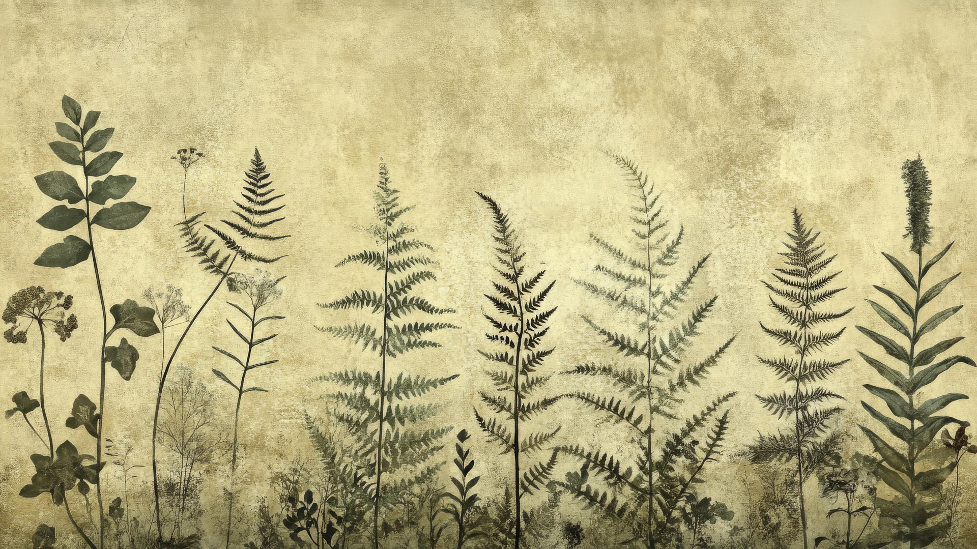 aesthetic green wallpaper with vintage botanical illustrations of ferns and herbs