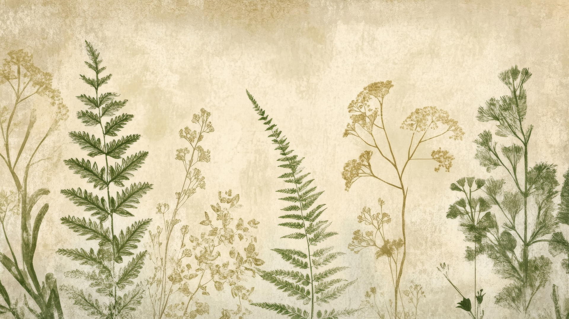 aesthetic green wallpaper with vintage botanical illustrations of ferns and herbs