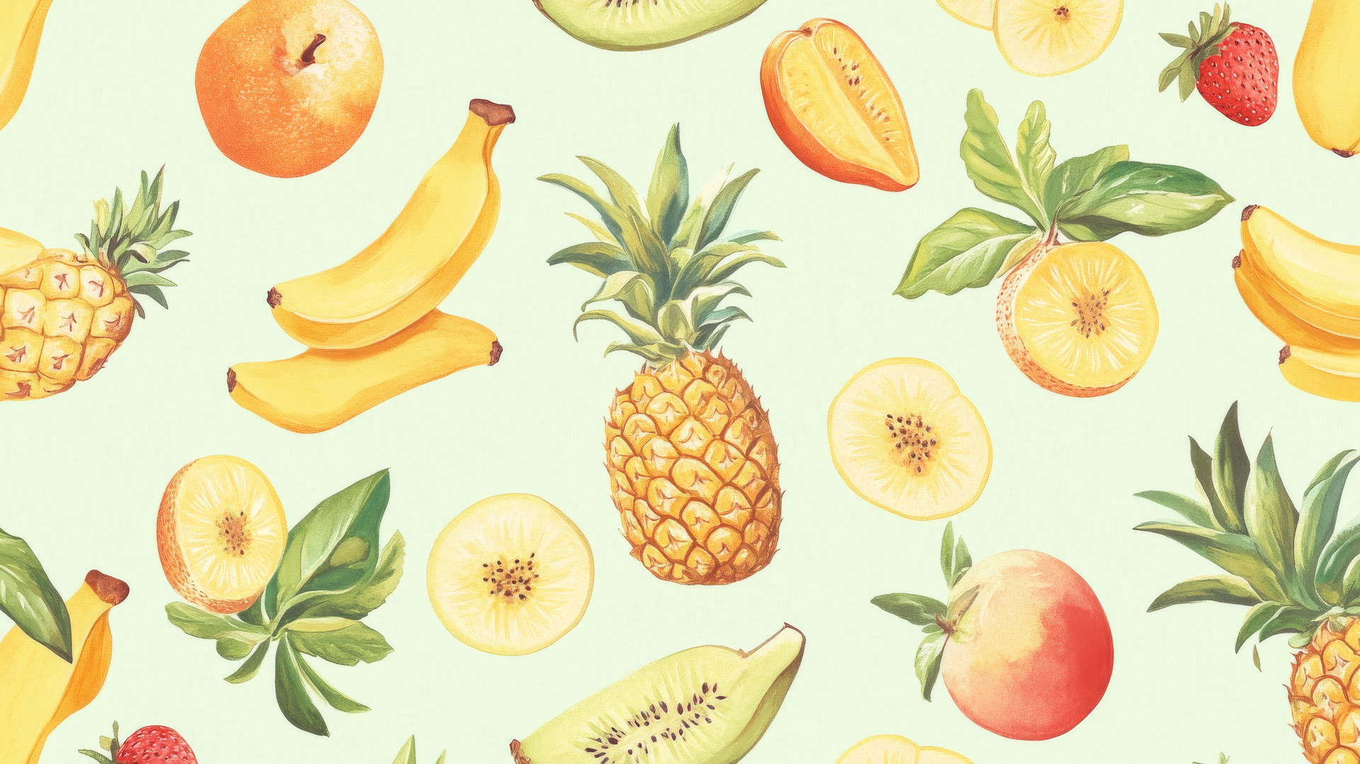 whimsical light green wallpaper with playful tropical fruit illustrations