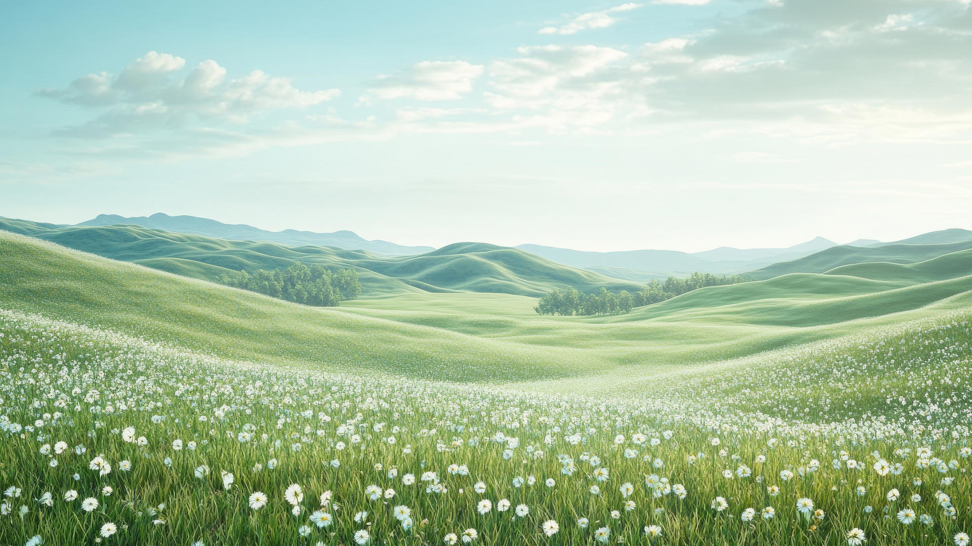 Serene landscape with rolling hills in light green wallpaper