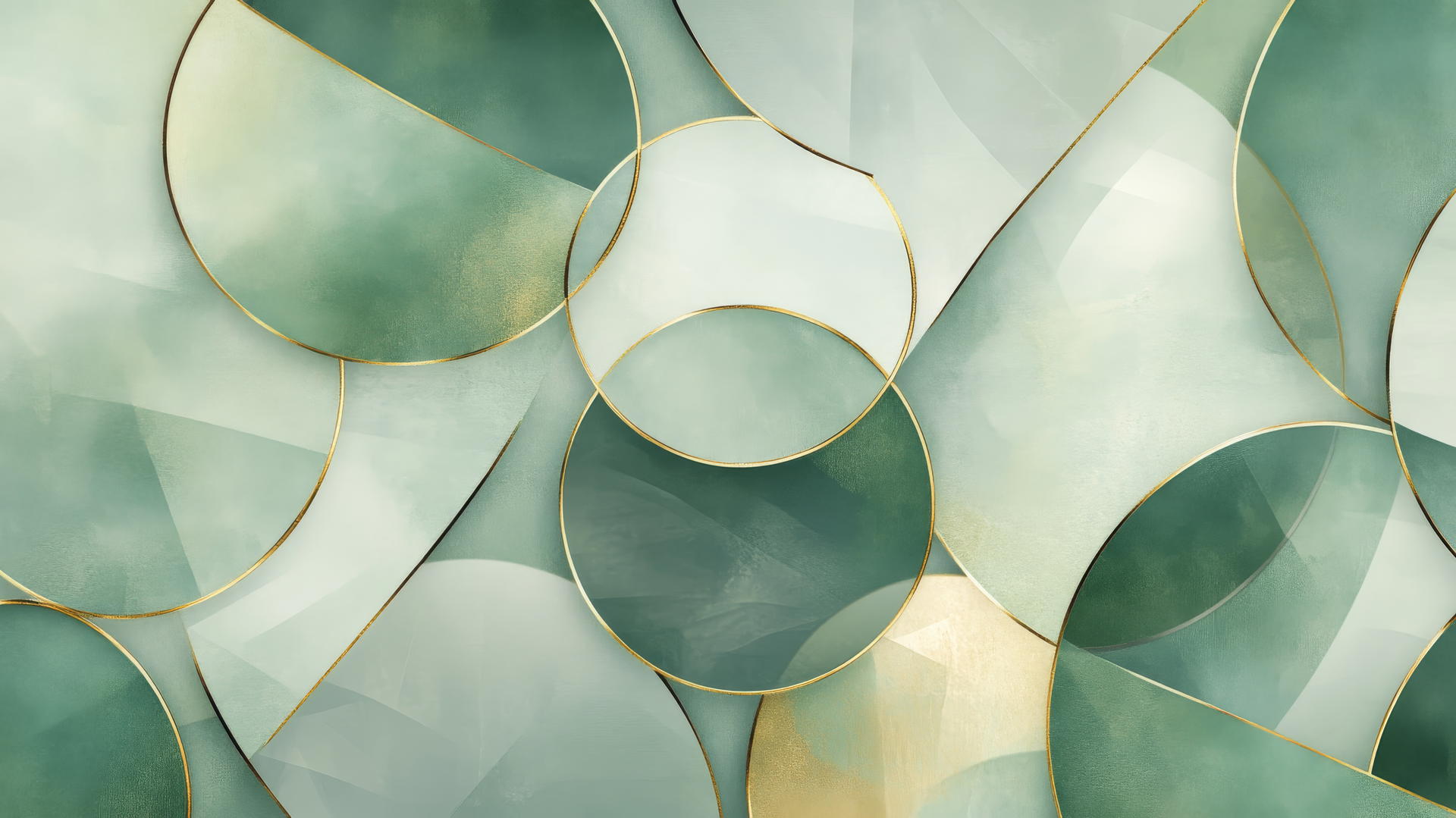 sage green aesthetic wallpaper with overlapping circles and triangles in shades of sage green and gold accents