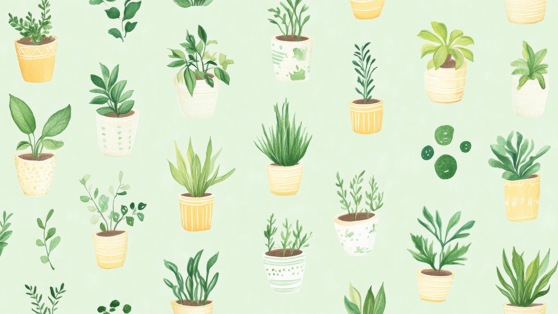 green aesthetic wallpaper with hand-drawn houseplants in ceramic pots