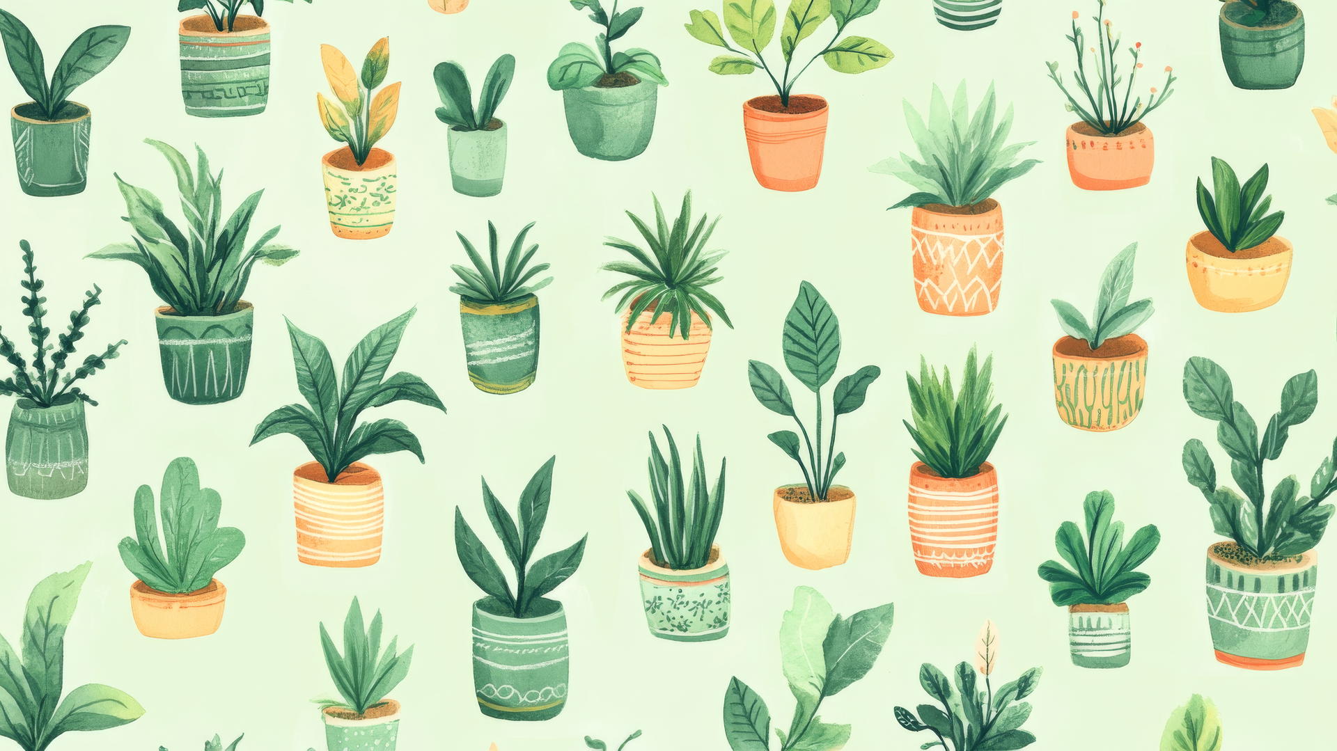 A whimsical green aesthetic wallpaper with hand-drawn houseplants in ceramic pots on a light green background.