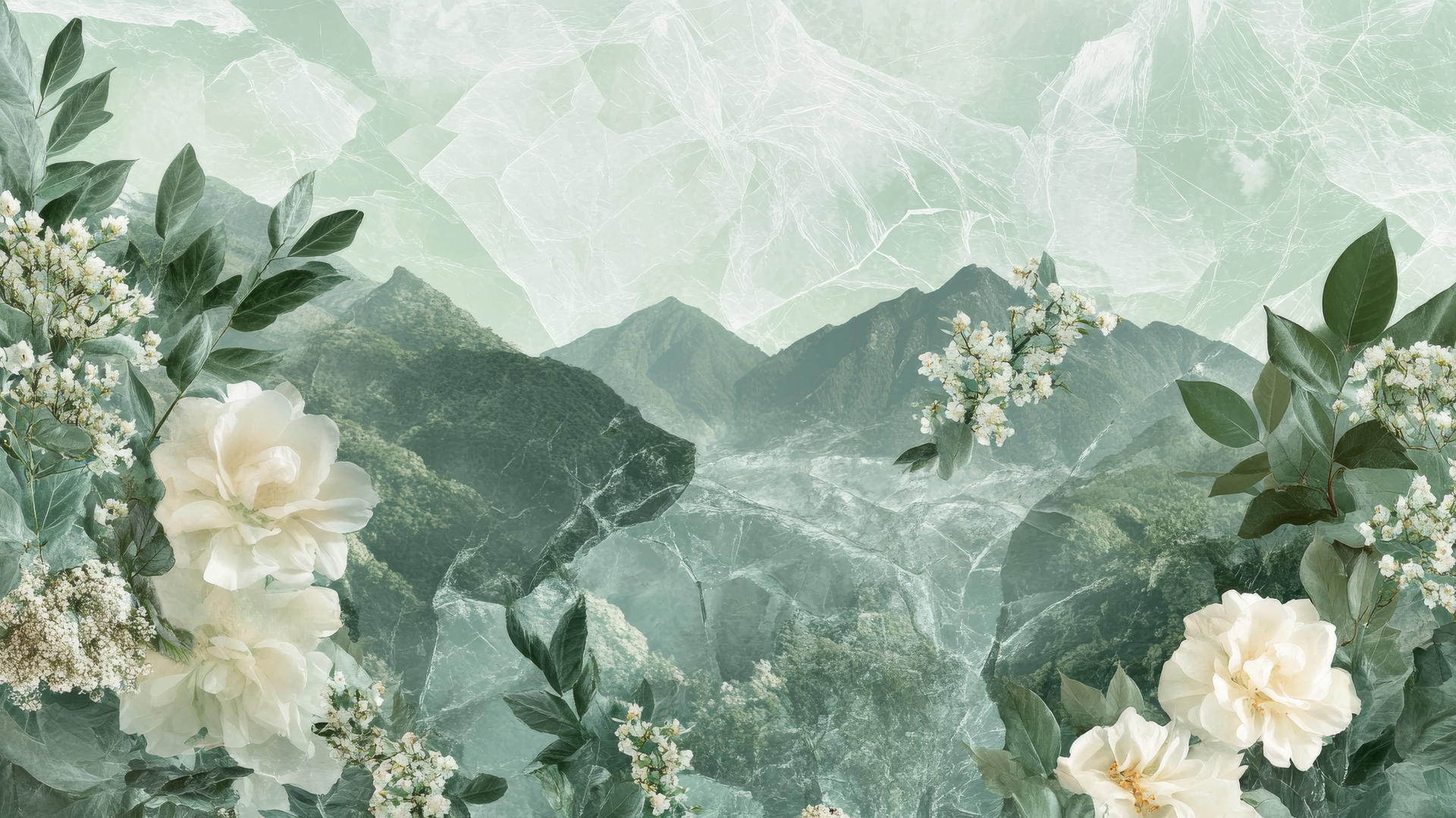 Dreamy green aesthetic wallpaper with leaves, flowers, and mountains.