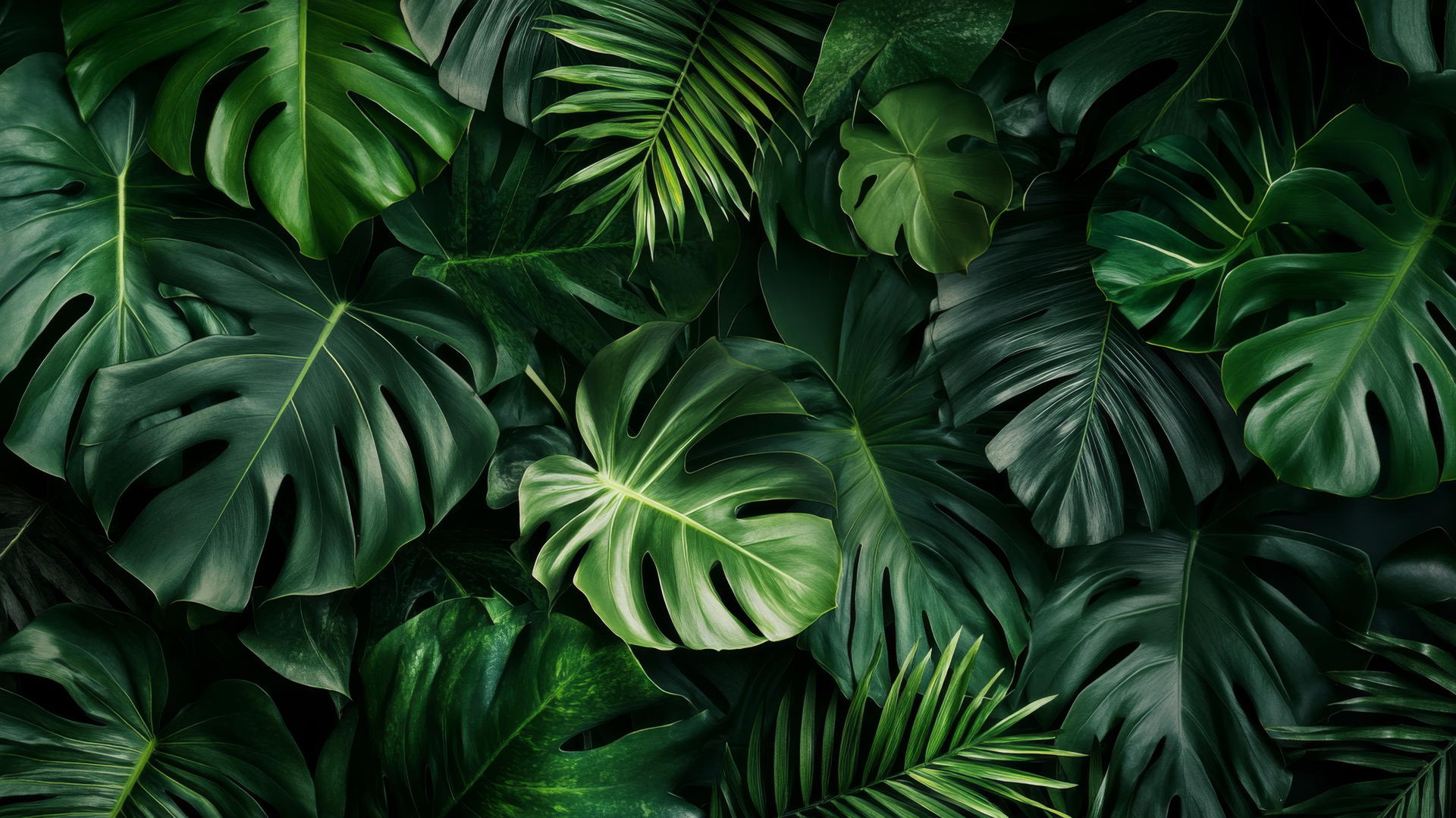 Dark green wallpaper with layered tropical leaves