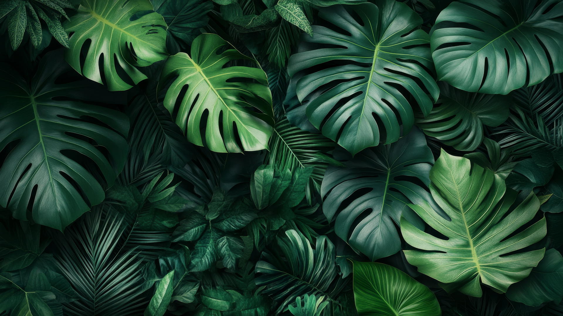 dark green wallpaper with dense, lush tropical leaves like monstera and palm