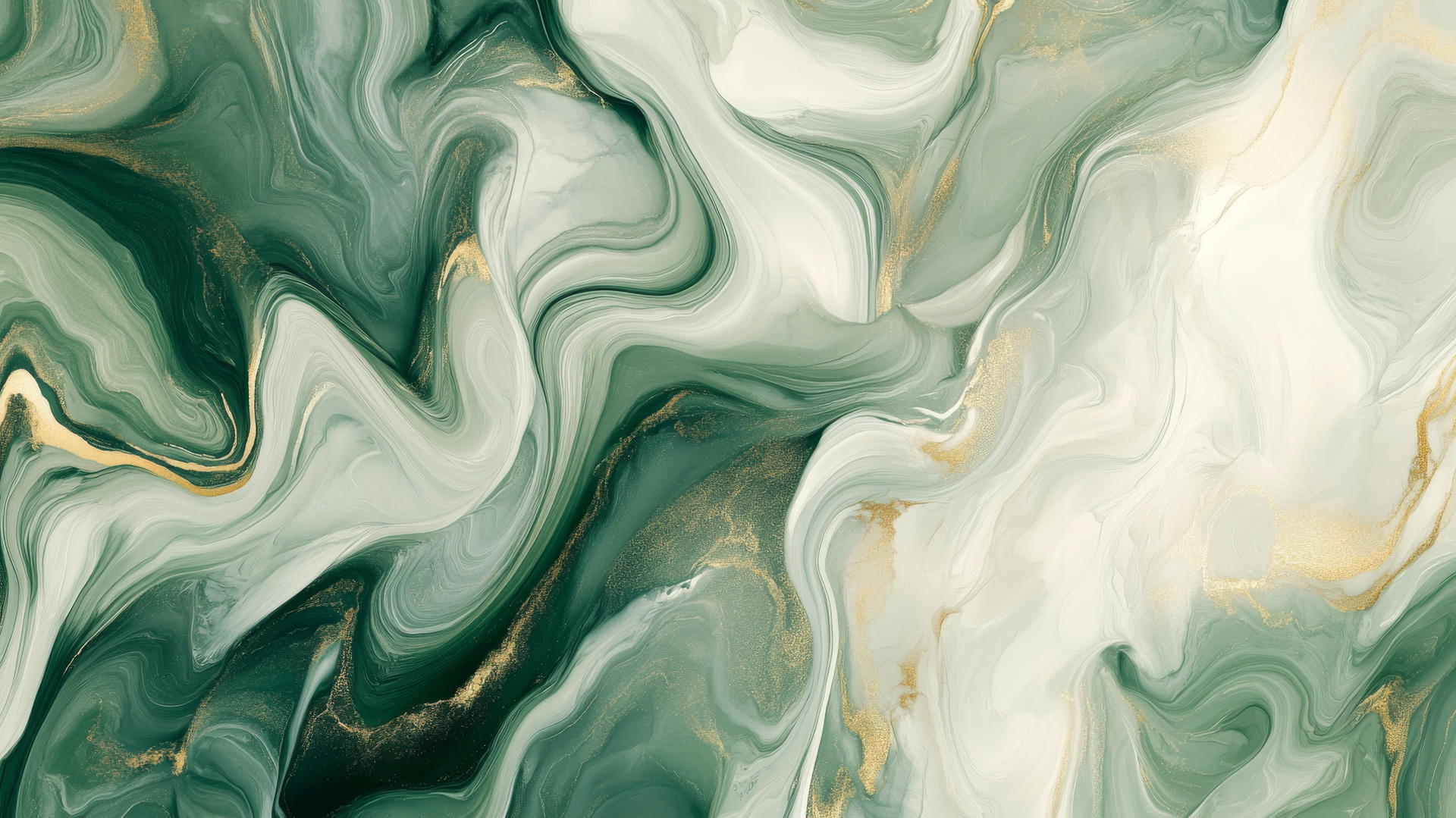 sage green wallpaper with fluid, marbled swirls of white and gold