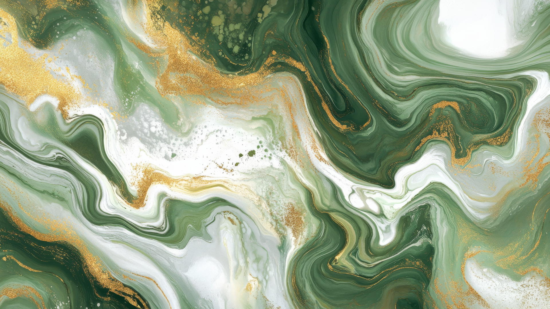 sage green wallpaper with fluid, marbled swirls of white and gold