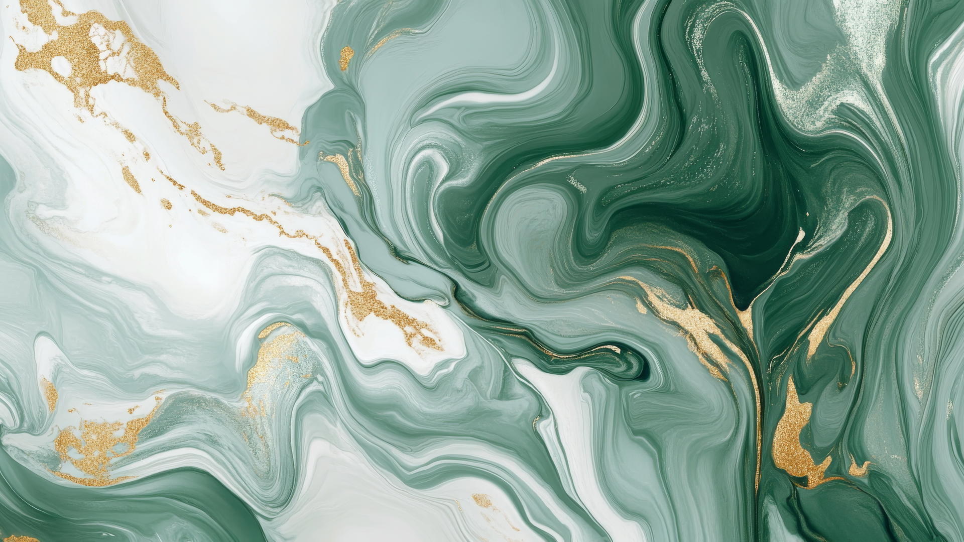 sage green wallpaper with fluid marbled swirls of white and gold
