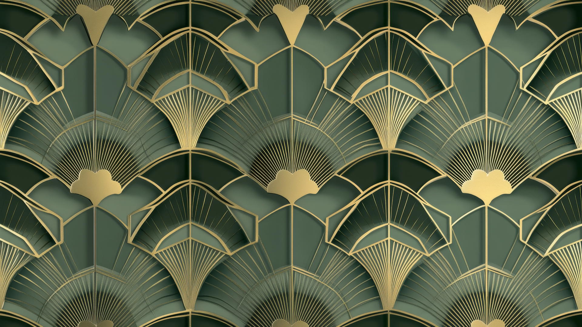 sage green wallpaper with gold art deco geometric pattern