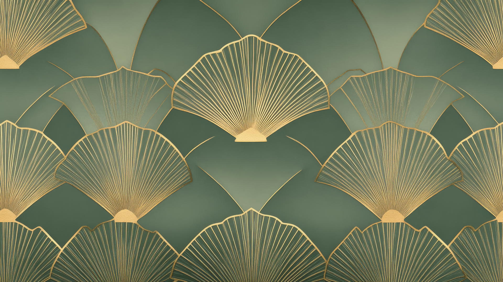 sage green wallpaper with intricate gold art deco patterns