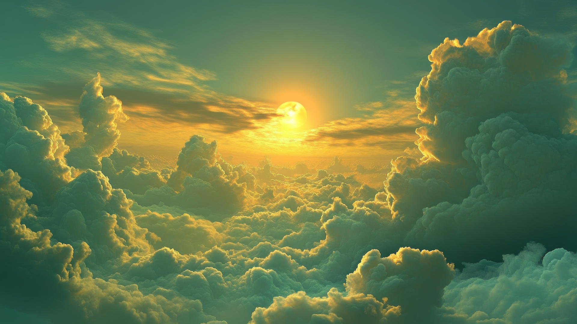 Sage green wallpaper with soft clouds and a golden sunset.