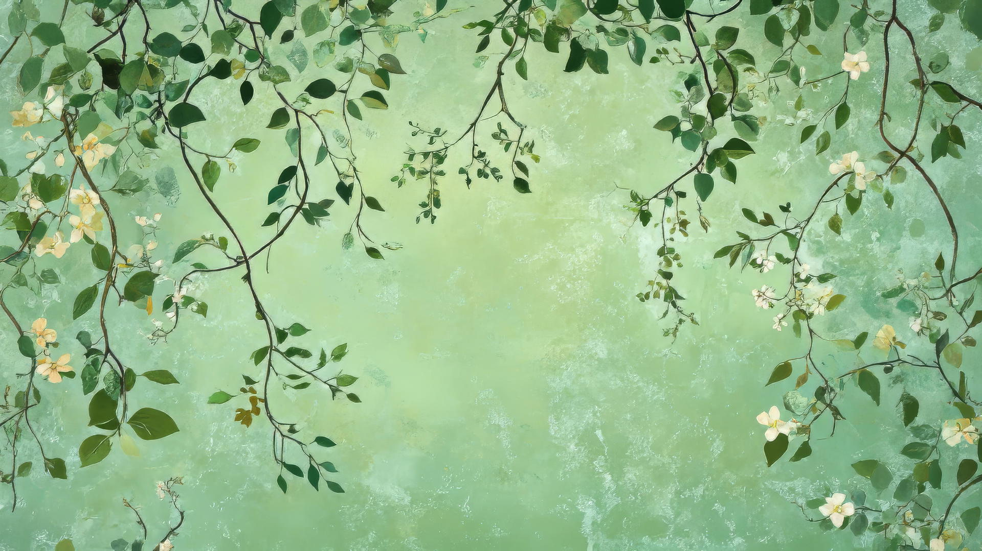 a whimsical pattern of green vines and tendrils with delicate flowers, green wallpaper
