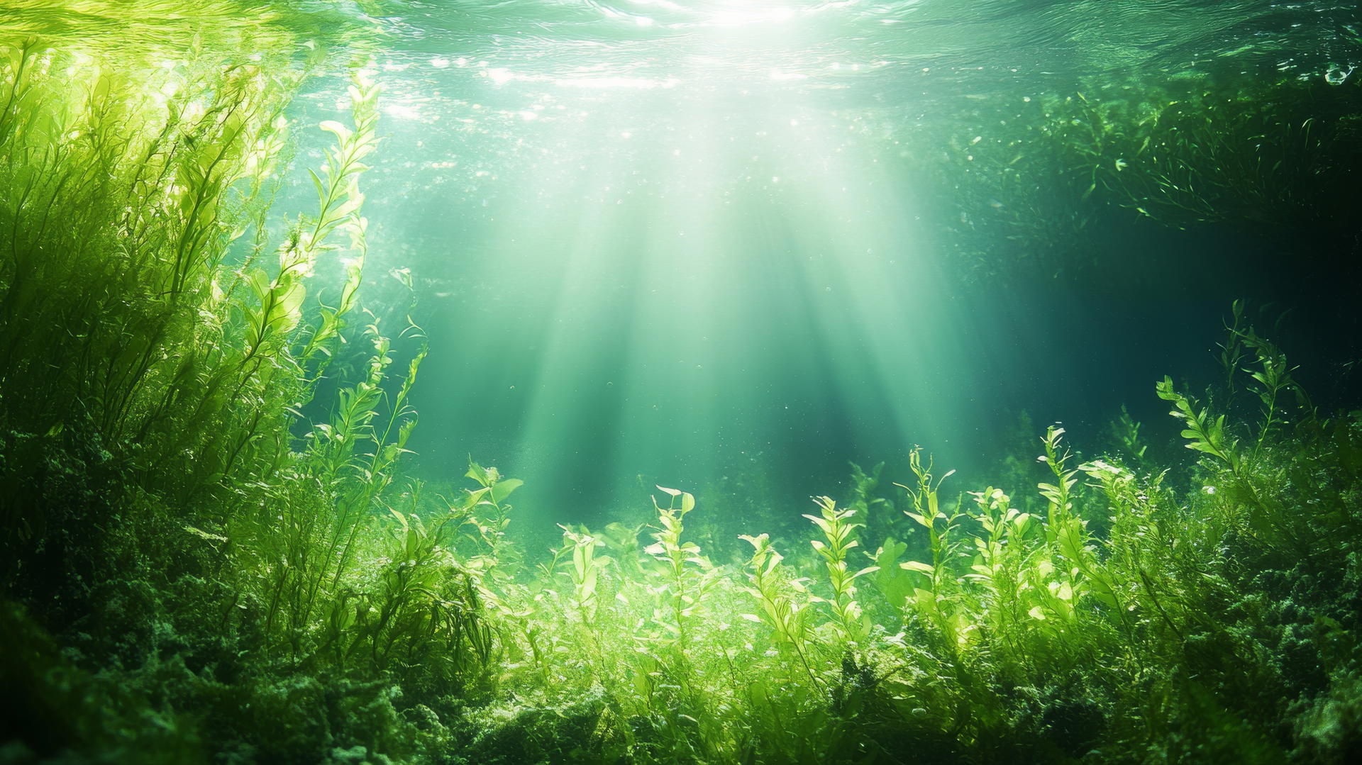green wallpaper with underwater scene of seaweed and sunlight