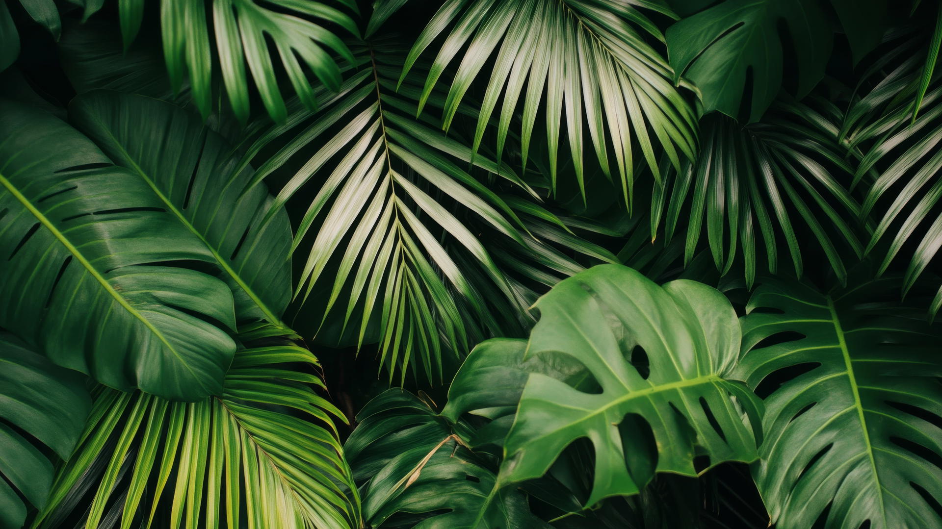 A detailed close-up of tropical palm leaves with intricate textures and vibrant green hues; green wallpaper.
