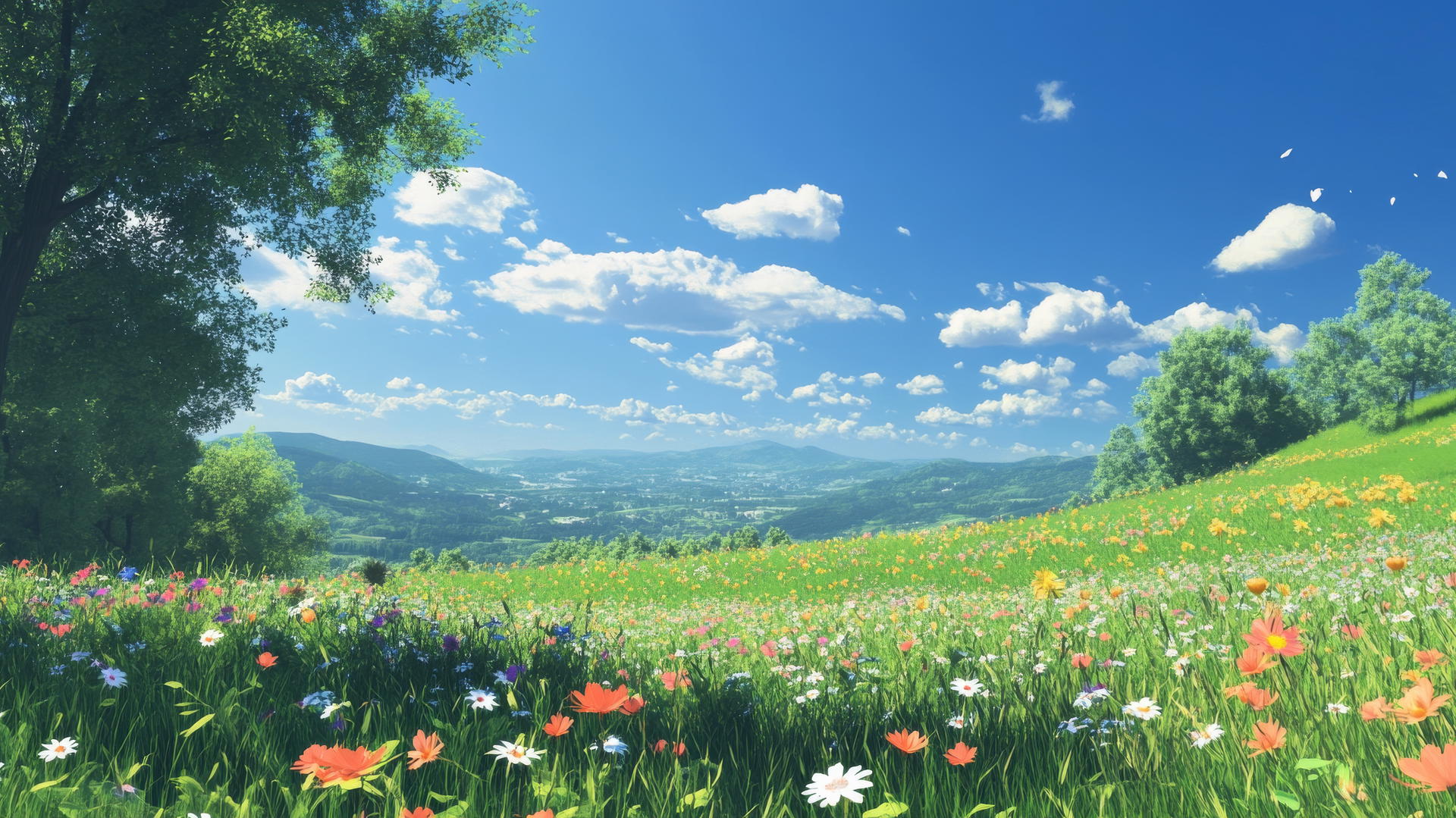 Green wallpaper of a meadow with wildflowers and a blue sky
