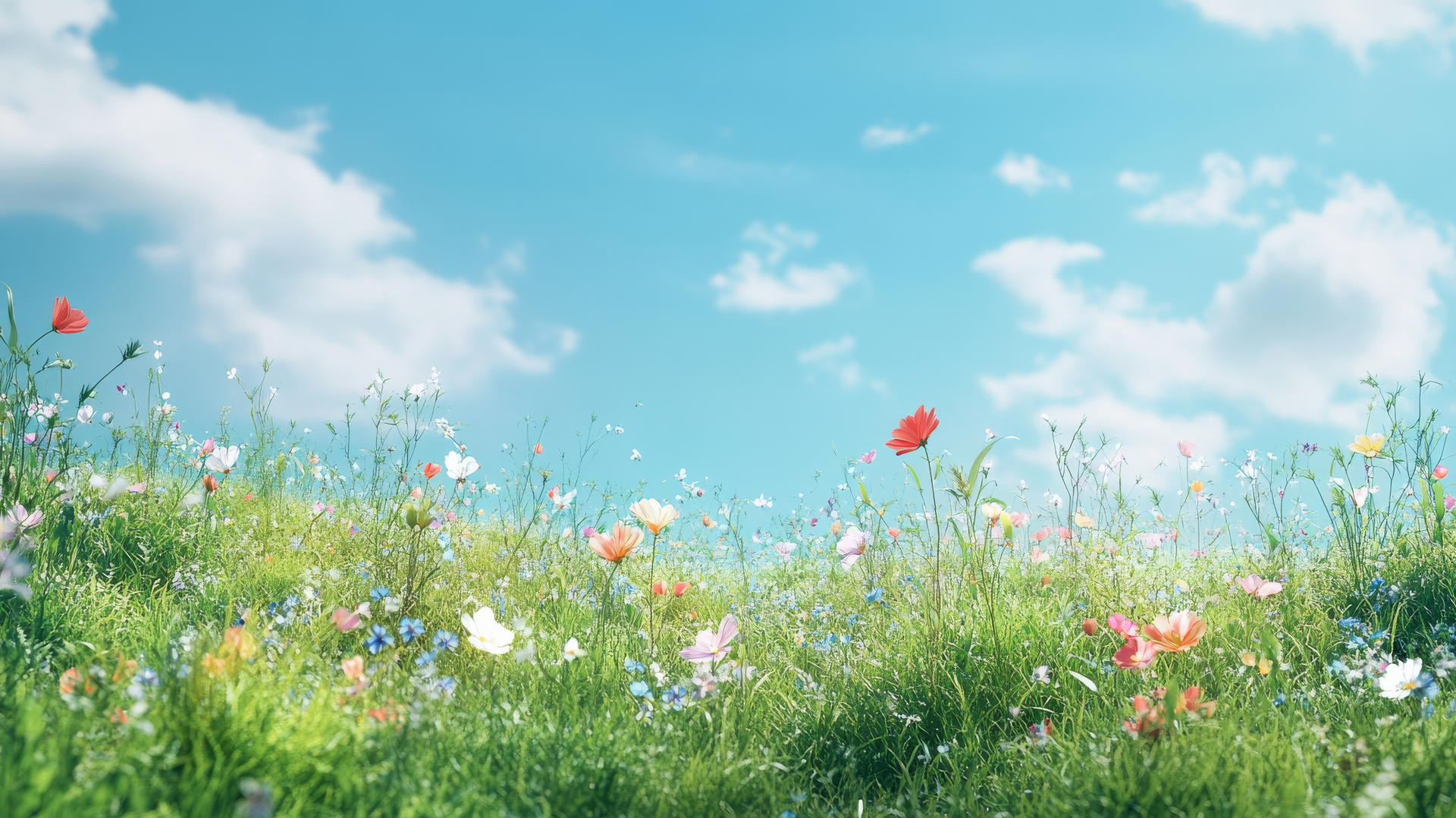 Green wallpaper of a meadow with wildflowers and blue sky