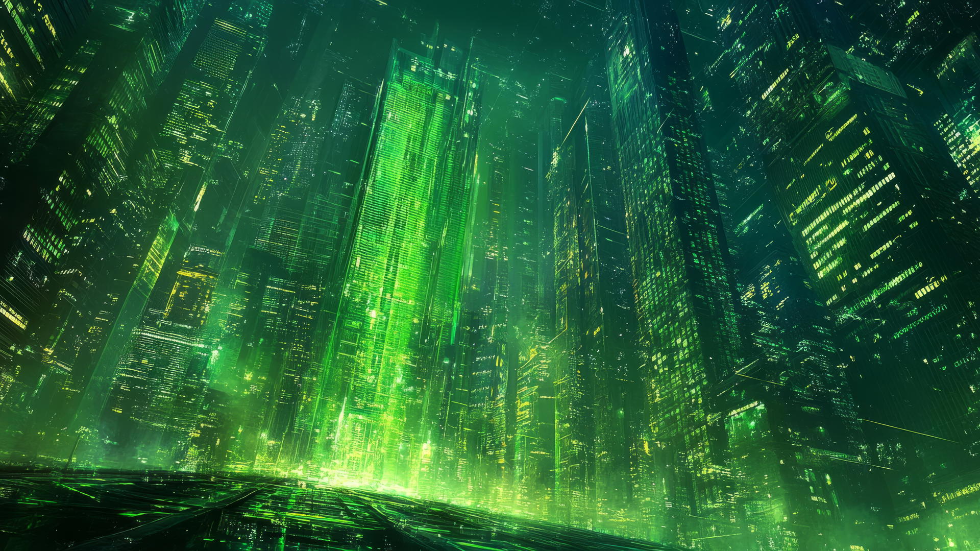 Futuristic digital cityscape with neon green lights, green wallpaper