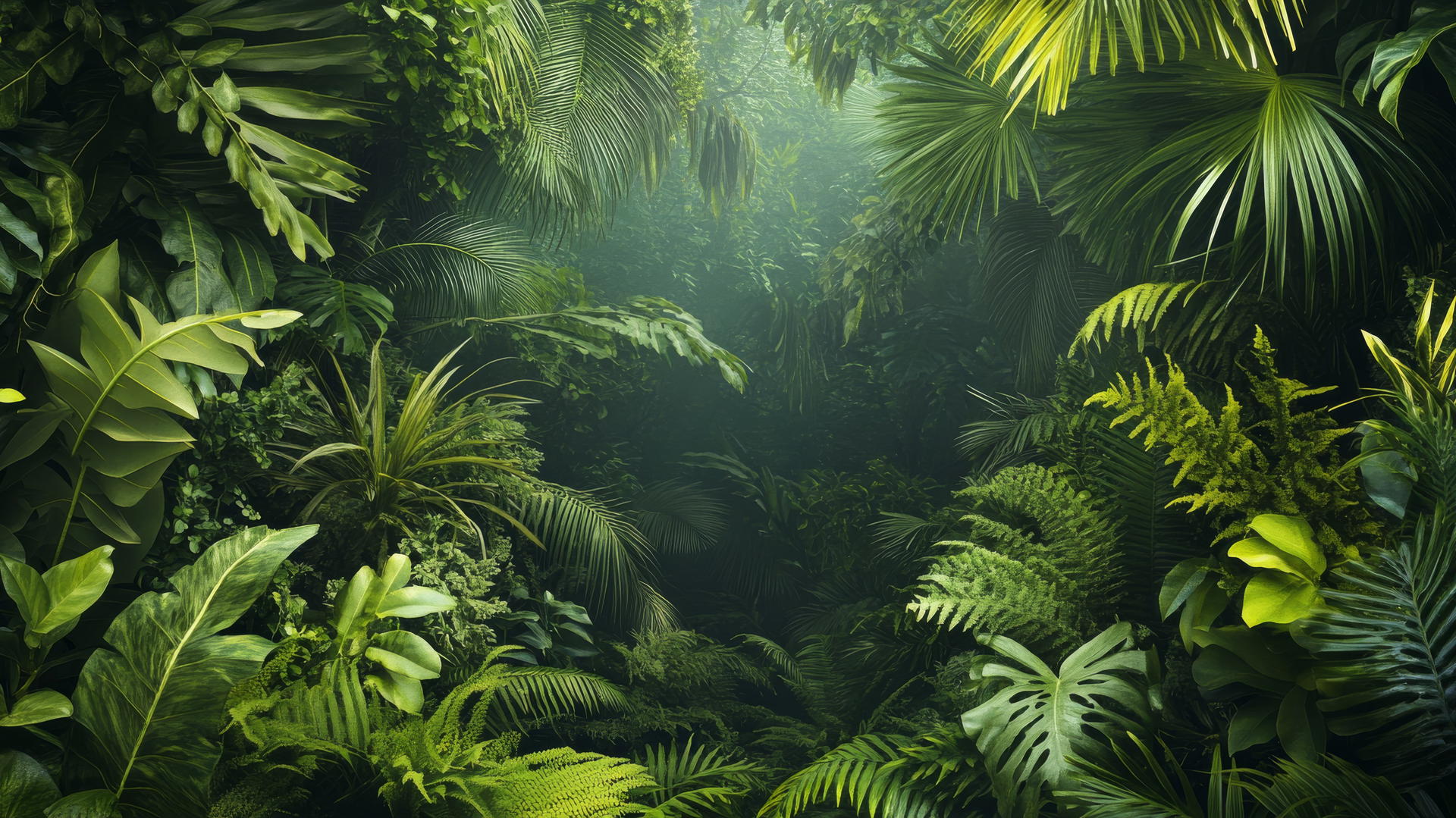 A tropical jungle scene with lush green foliage, perfect for a green wallpaper.