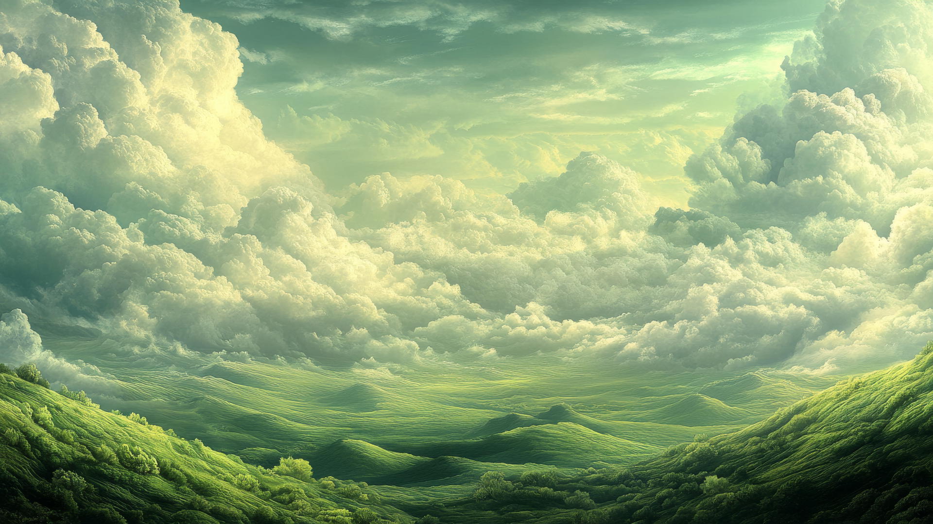 Fantasy landscape with green hills and ethereal clouds, green wallpaper