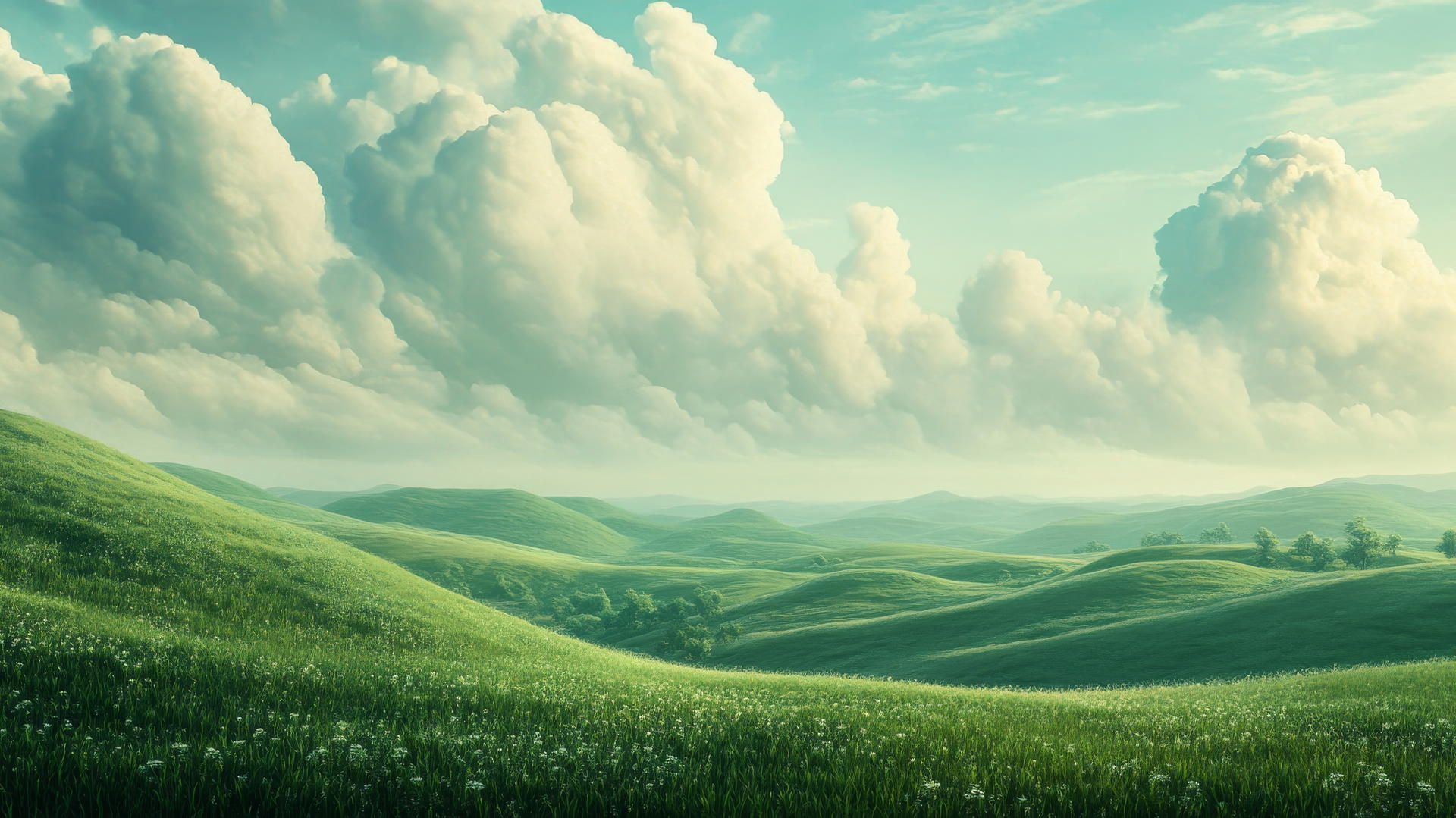 green wallpaper of fantasy landscape with green hills and ethereal clouds