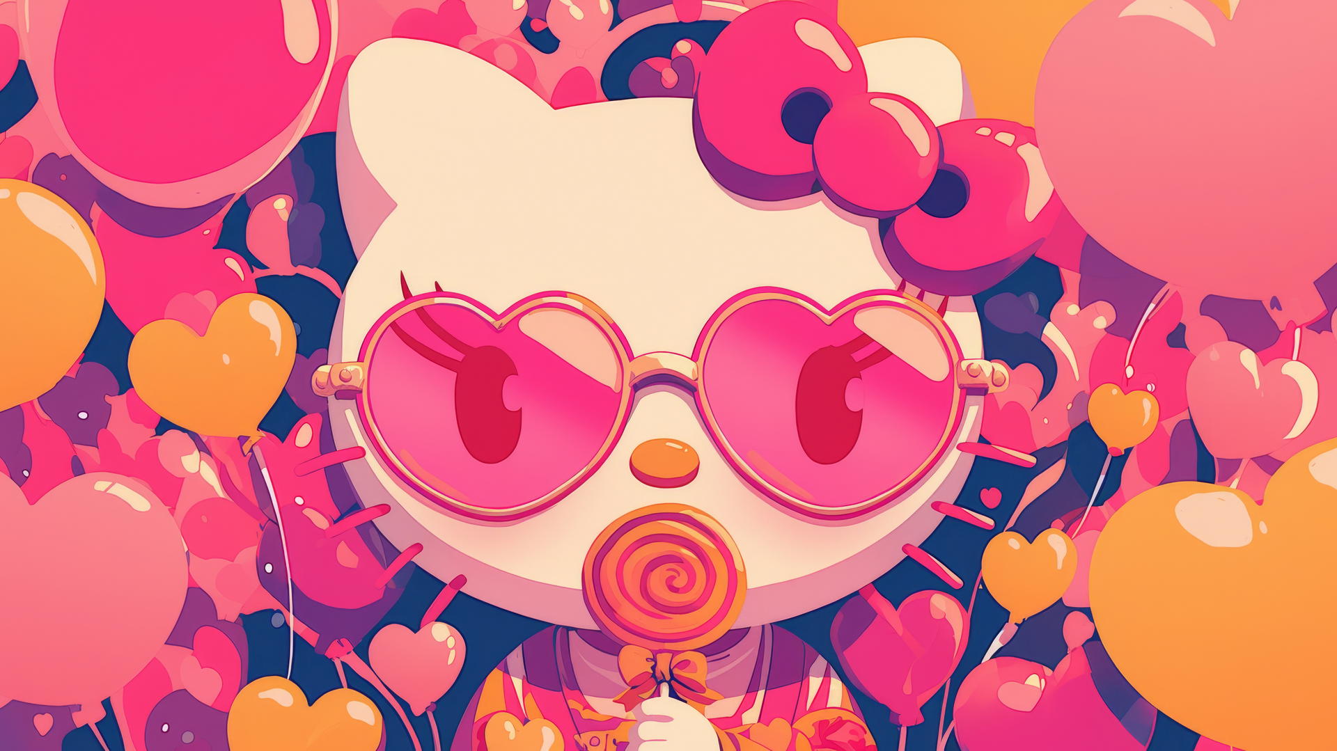 Y2K Hello Kitty wallpaper aesthetic with lollipops and heart-shaped sunglasses