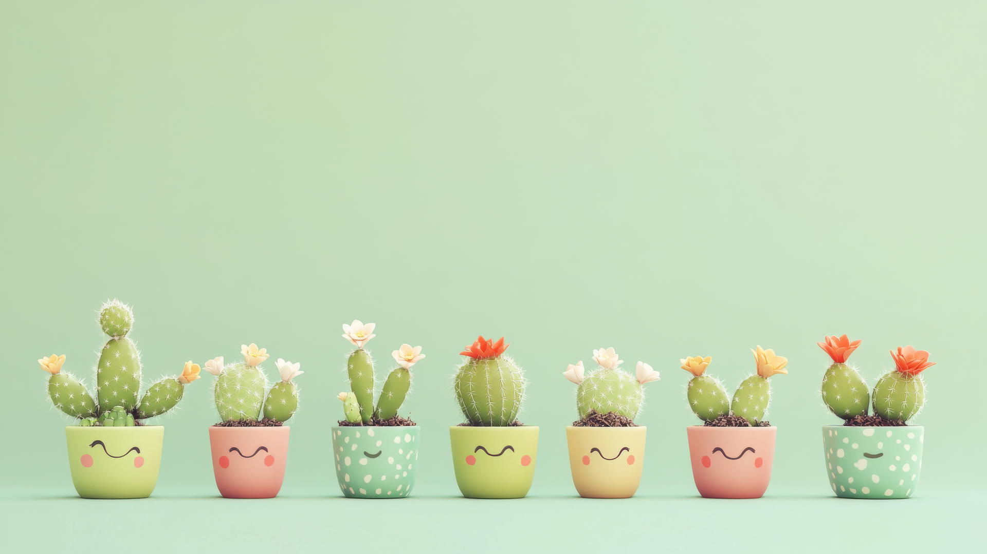Cute green wallpaper with smiling cacti in colorful pots and tiny flowers.