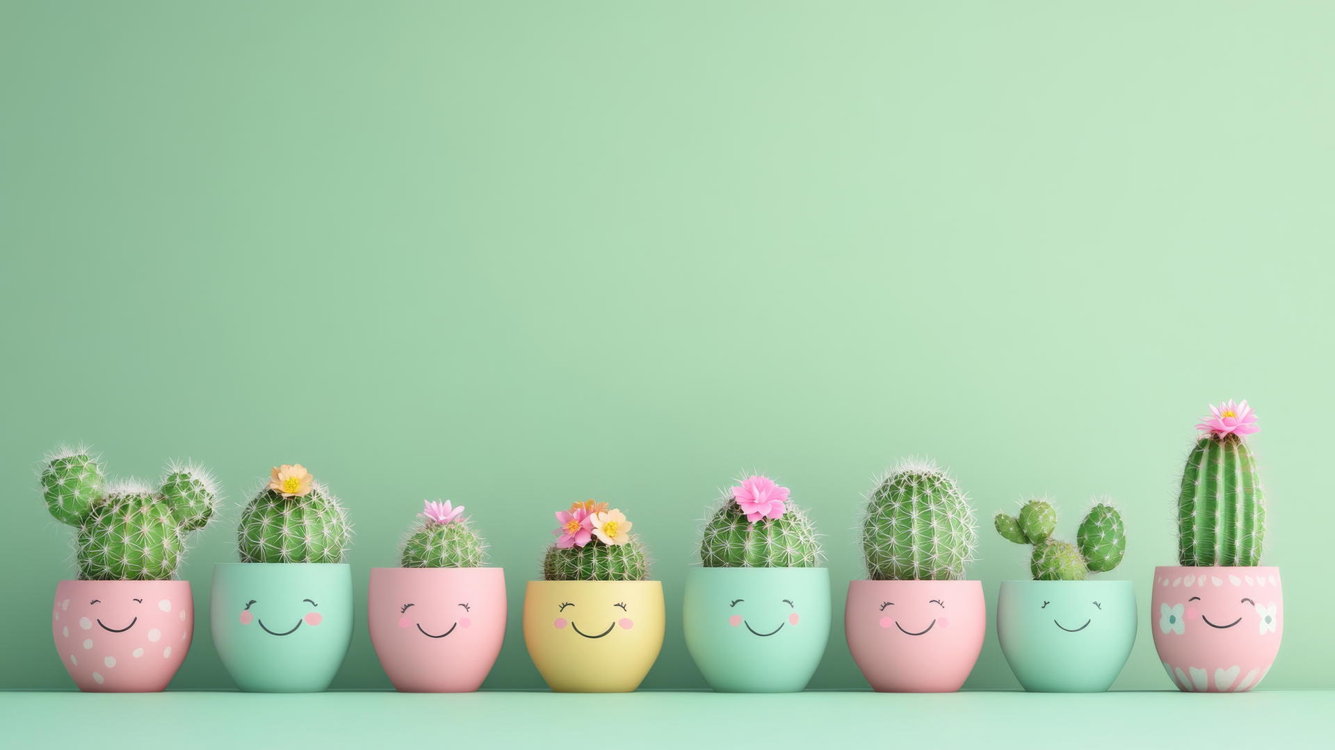 cute green wallpaper of smiling cacti in colorful pots with tiny flower blooms