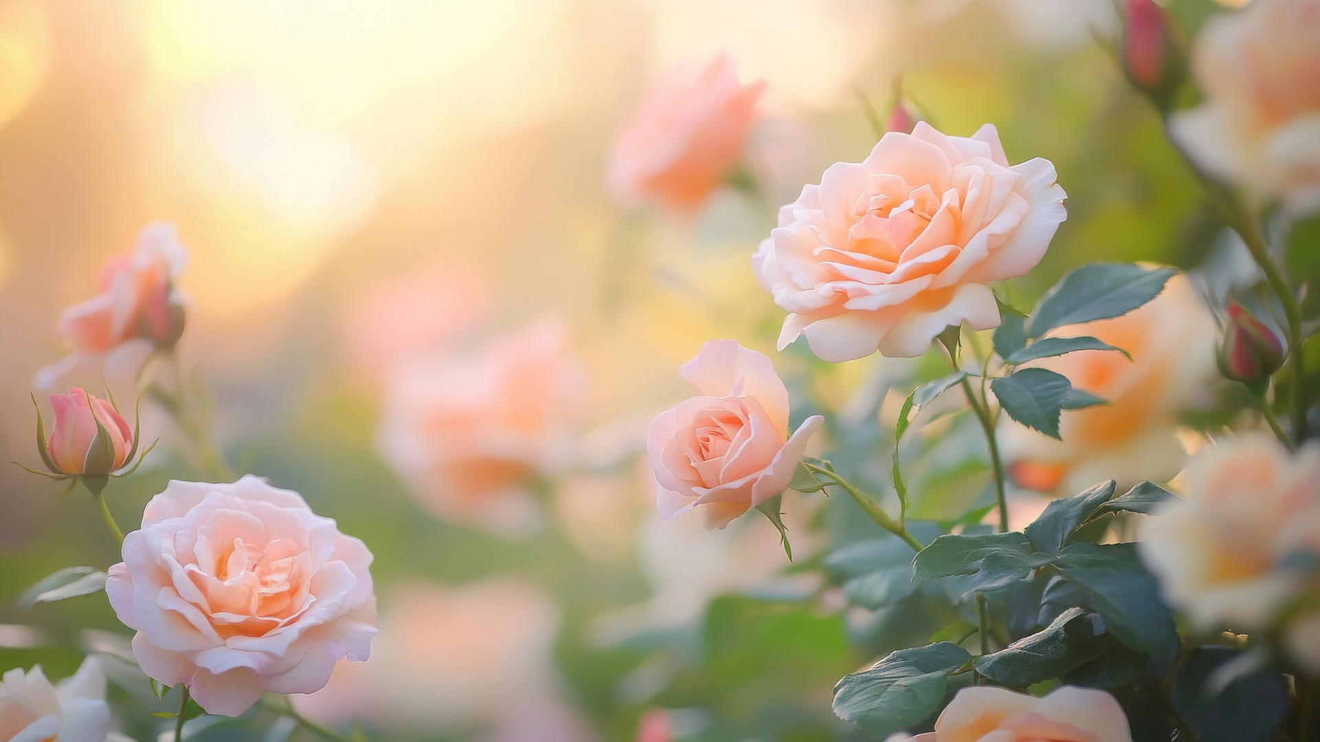 flower nature wallpaper with pastel-colored roses in full bloom, dreamy atmosphere