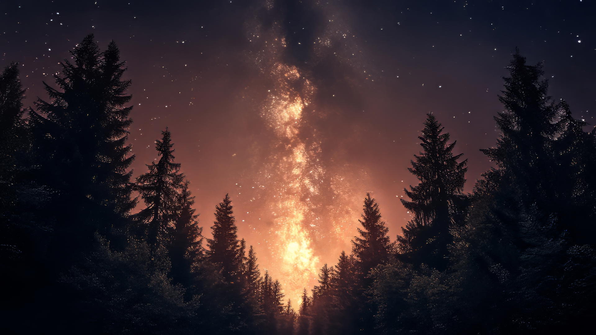 beautiful nature wallpaper 4k with clear night sky, stars, and Milky Way over a quiet forest