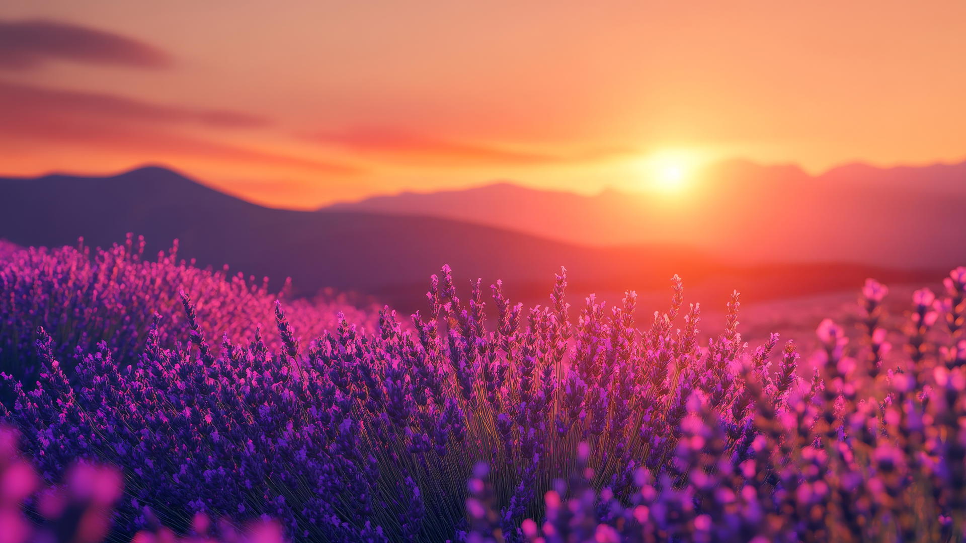 beautiful nature wallpaper 4k with a field of lavender under a golden sunset