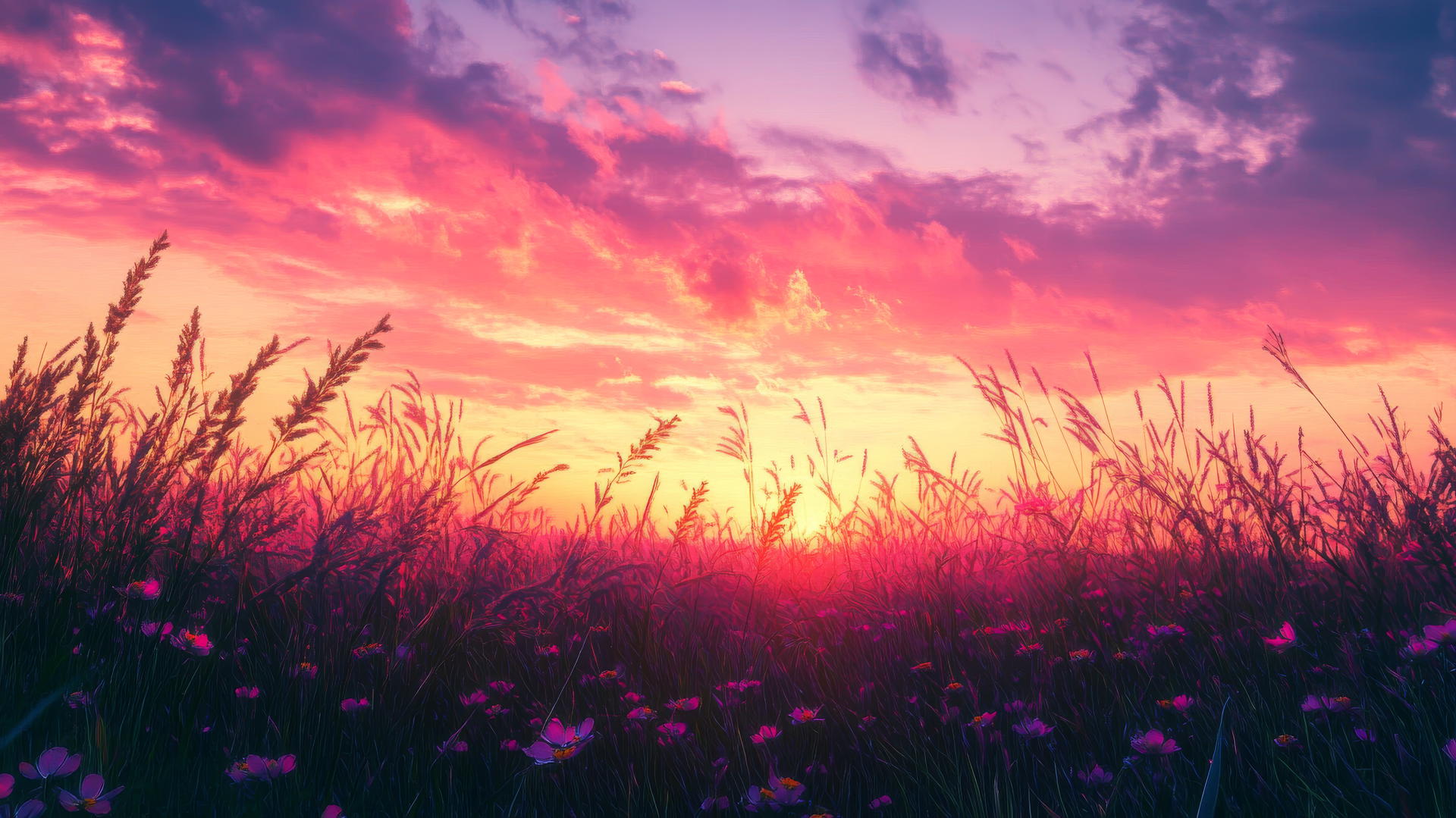 nature wallpaper of a colorful sunset over a serene meadow with tall grasses and wildflowers