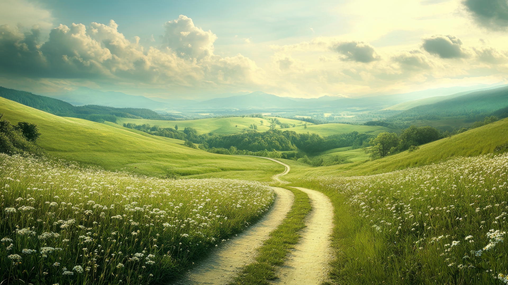 nature wallpaper with a winding road through rolling green hills