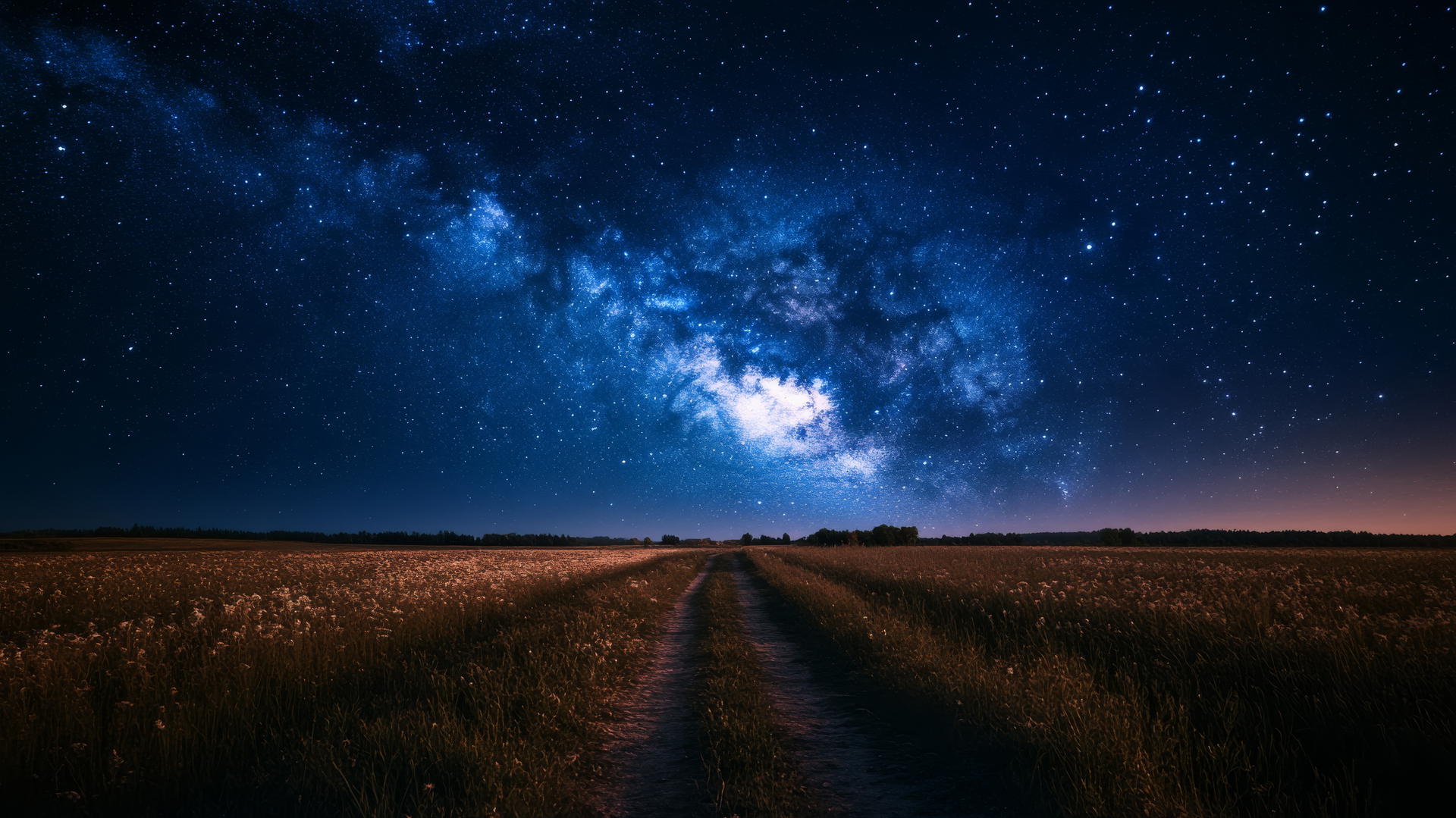 Nature wallpaper: wide open field under starry night sky with Milky Way