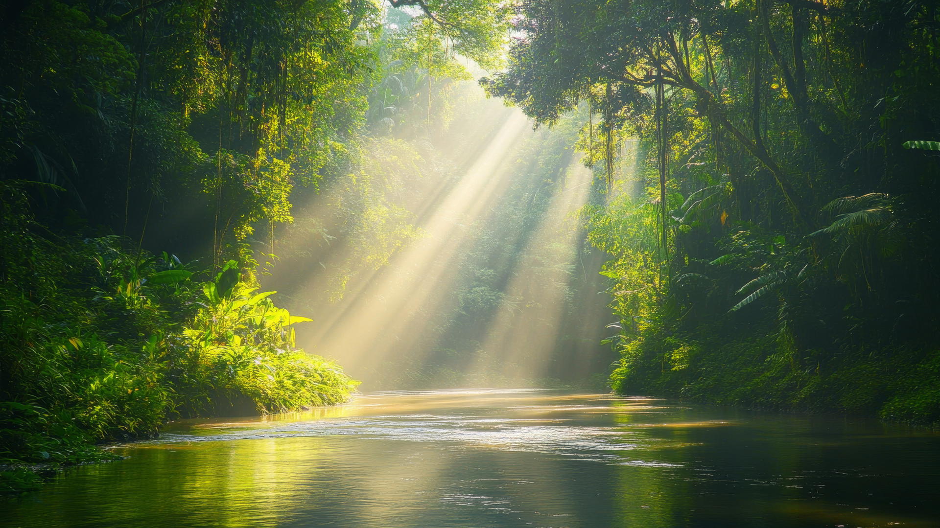 Nature wallpaper of a tranquil river in a dense, green rainforest with sunlight rays.