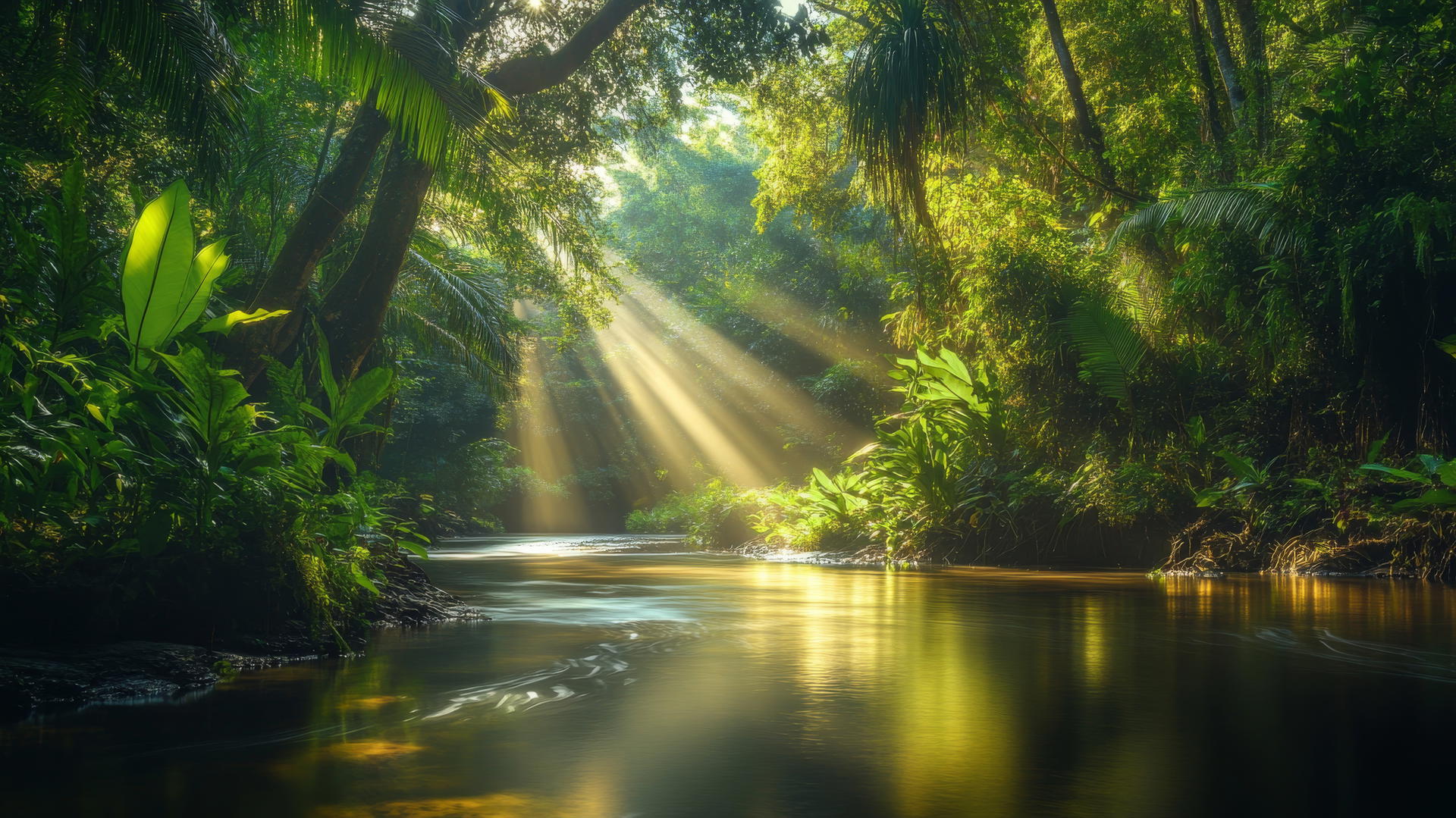 nature wallpaper of a tranquil river in a dense green rainforest with sunlight