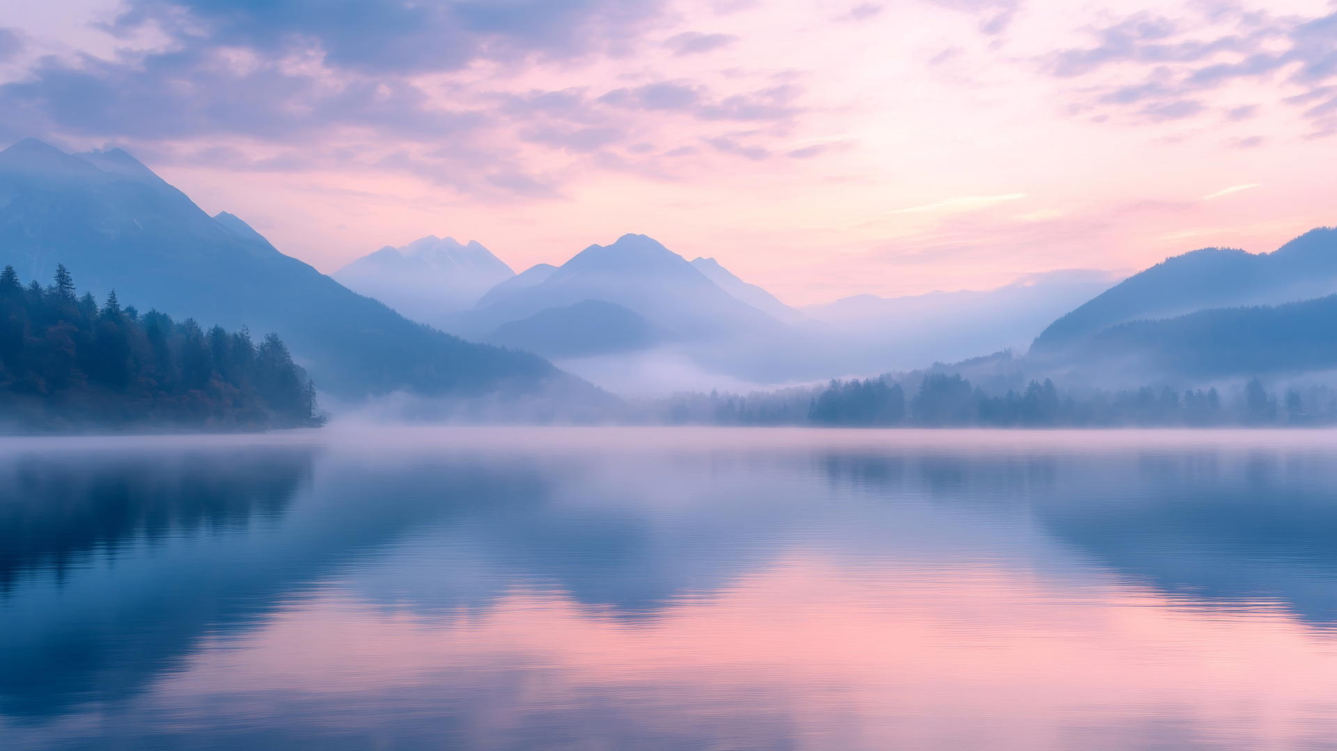 nature wallpaper with a serene sunrise over misty mountains and a calm lake