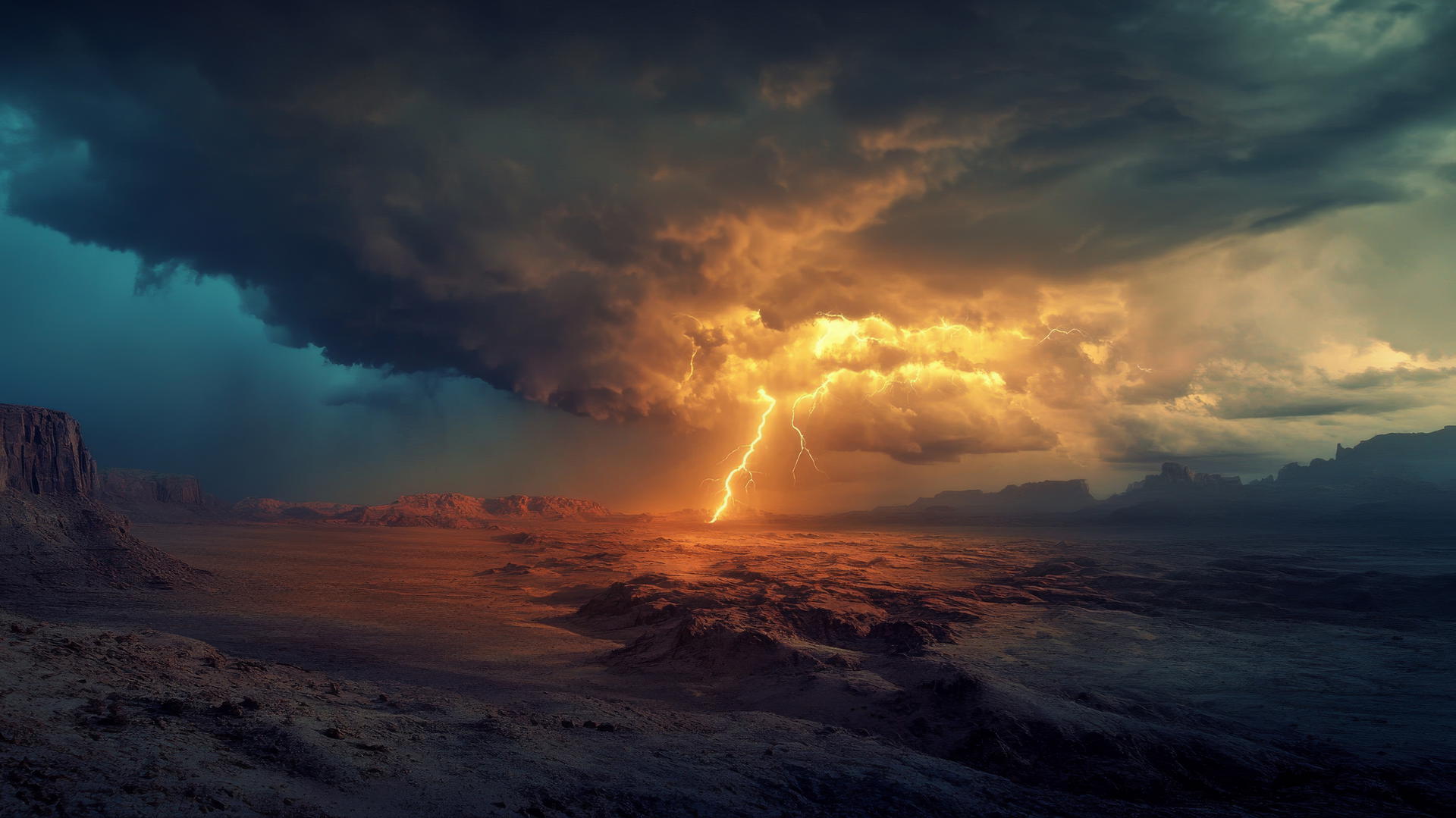 Beautiful nature wallpaper 4K of a thunderstorm over a desert landscape