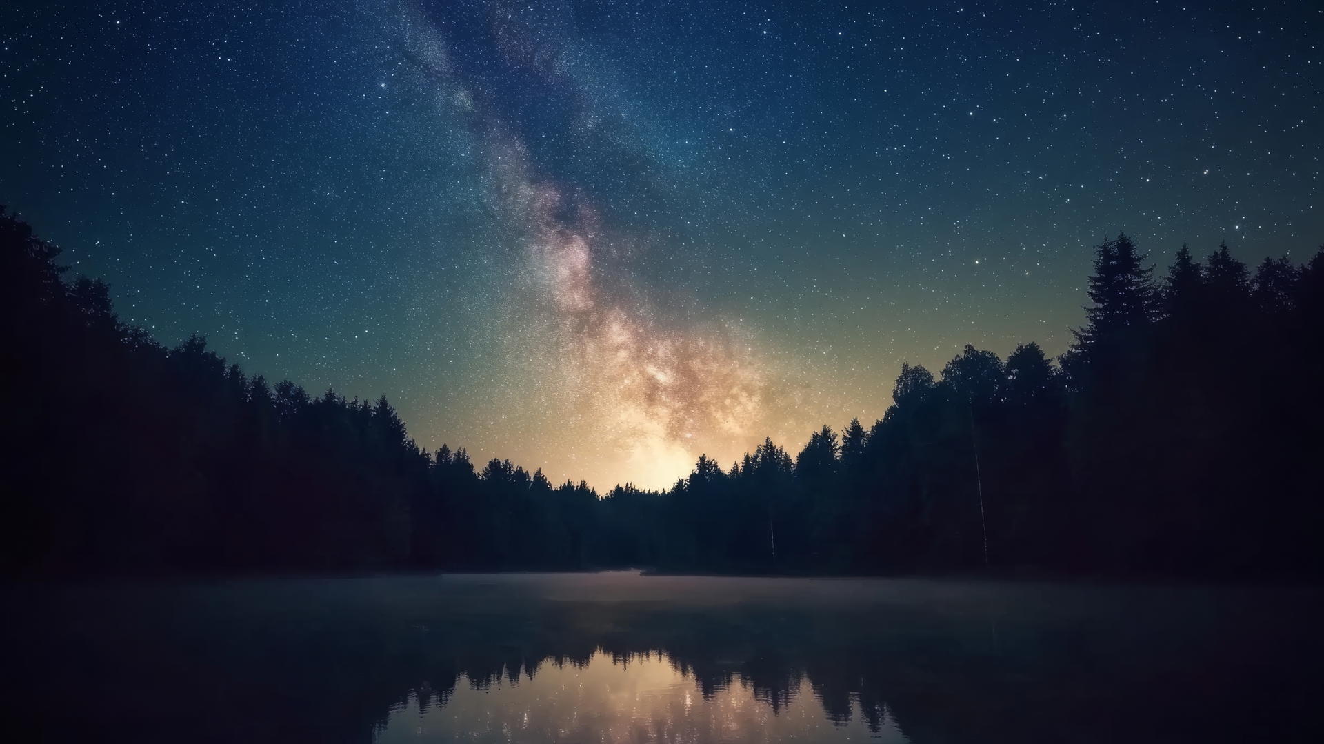 Beautiful nature wallpaper 4K of stars over a quiet forest with Milky Way.