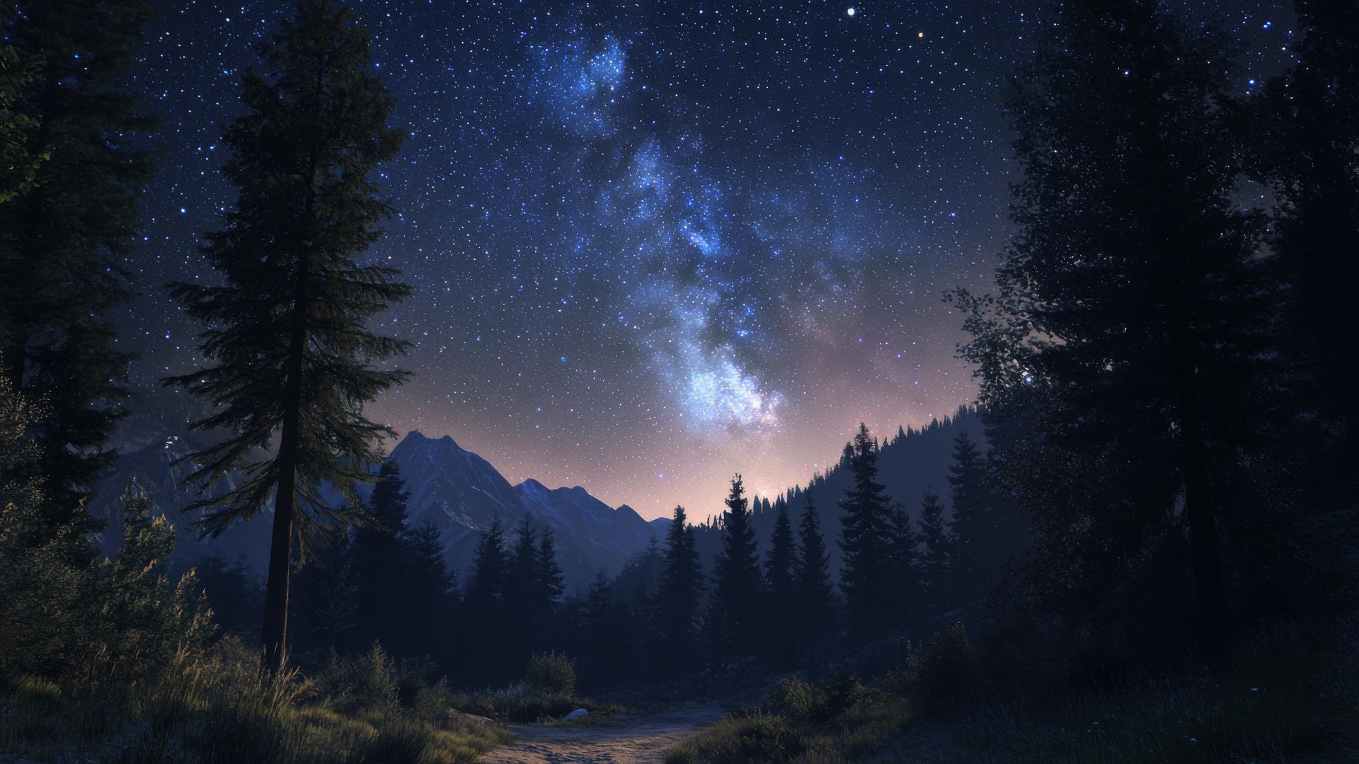 Serene night sky filled with stars over a quiet forest, featuring the Milky Way