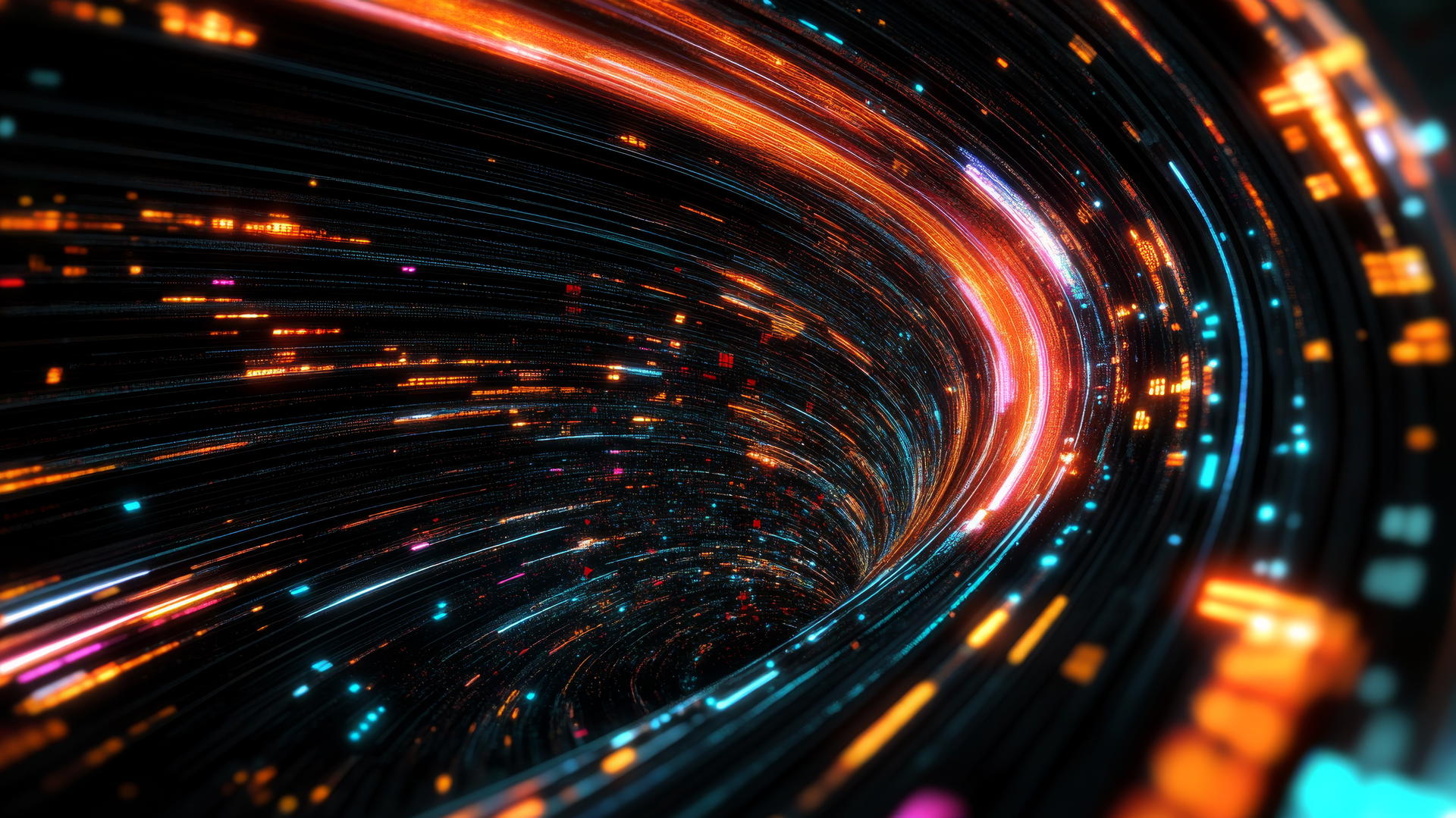 Cyber Y2K wallpaper black with digital vortex of neon lines and glitch effects