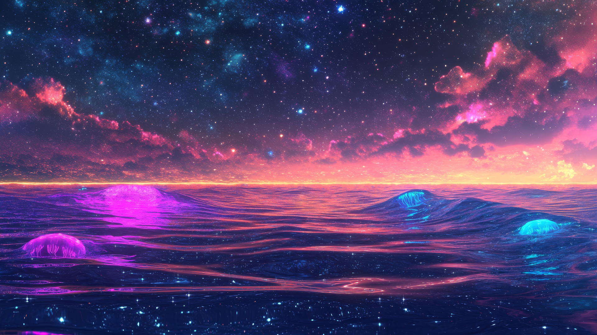 Y2K star wallpaper with digital ocean, neon jellyfish, and starry sky.