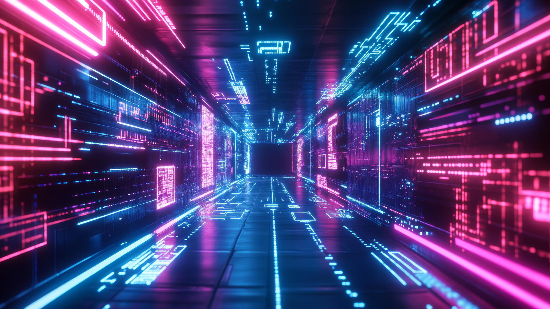 cyber y2k wallpaper with neon-lit digital tunnel and glowing circuit patterns